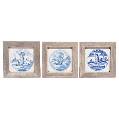 Conjunto de 3 azulejos de loza de Delft del siglo XVII enmarcados, c. 1650-80