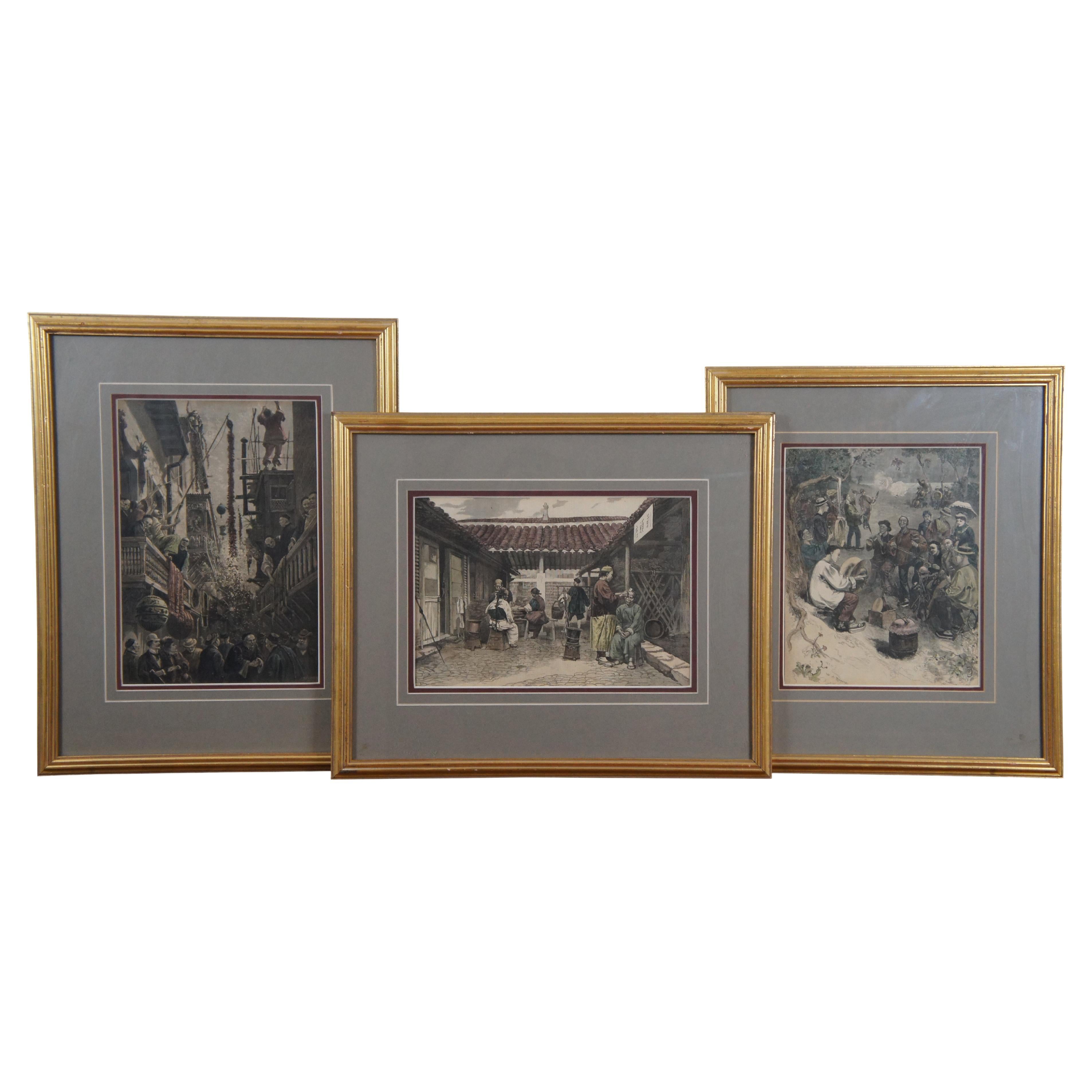 Set of 3 Framed 19th C. Hand Colored Engravings Chinese Culture Harpers Weekly For Sale