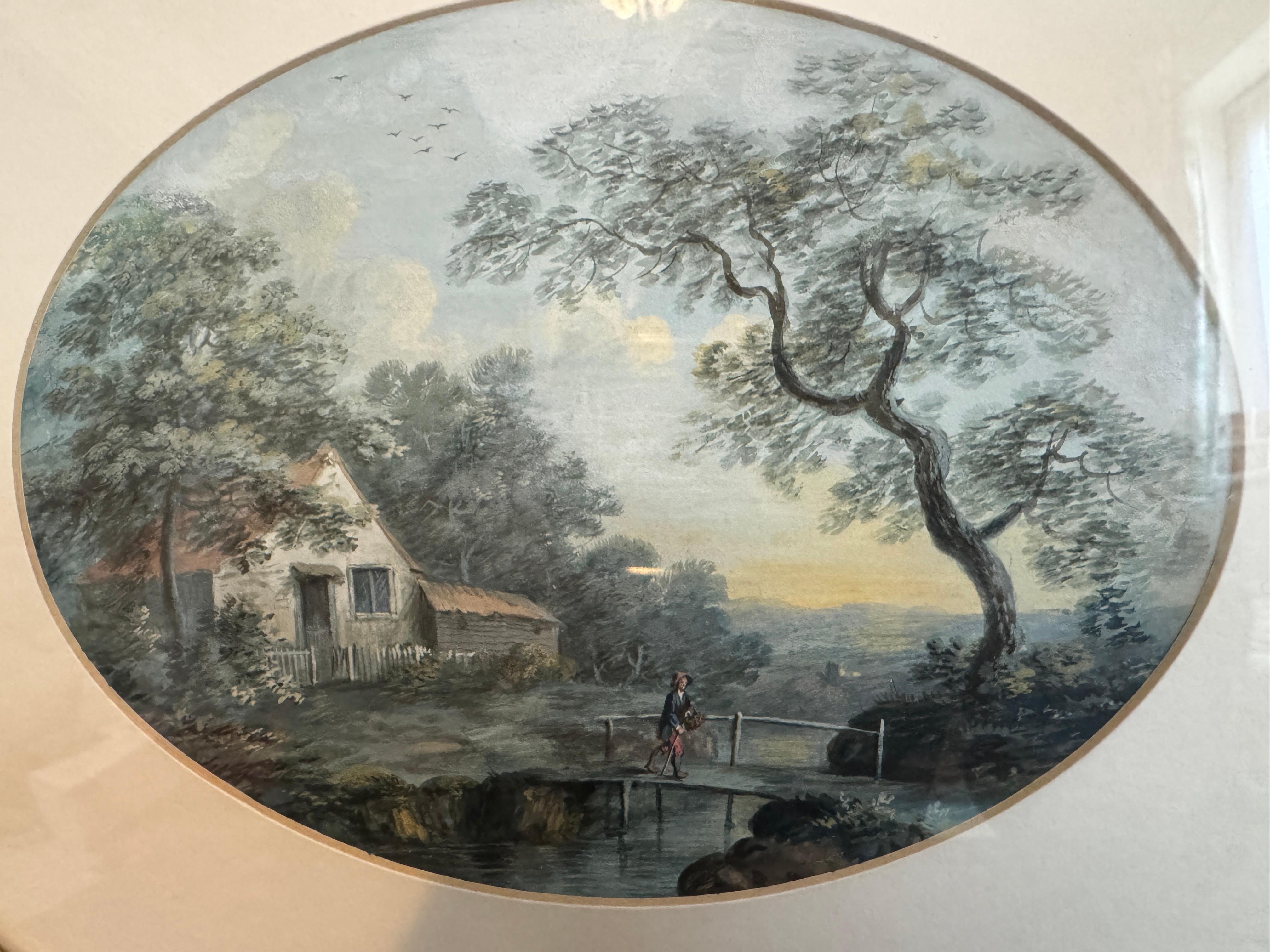 Peint à la main Ensemble de 3 aquarelles encadrées du 19e siècle - Scènes de paysages pastoraux en vente