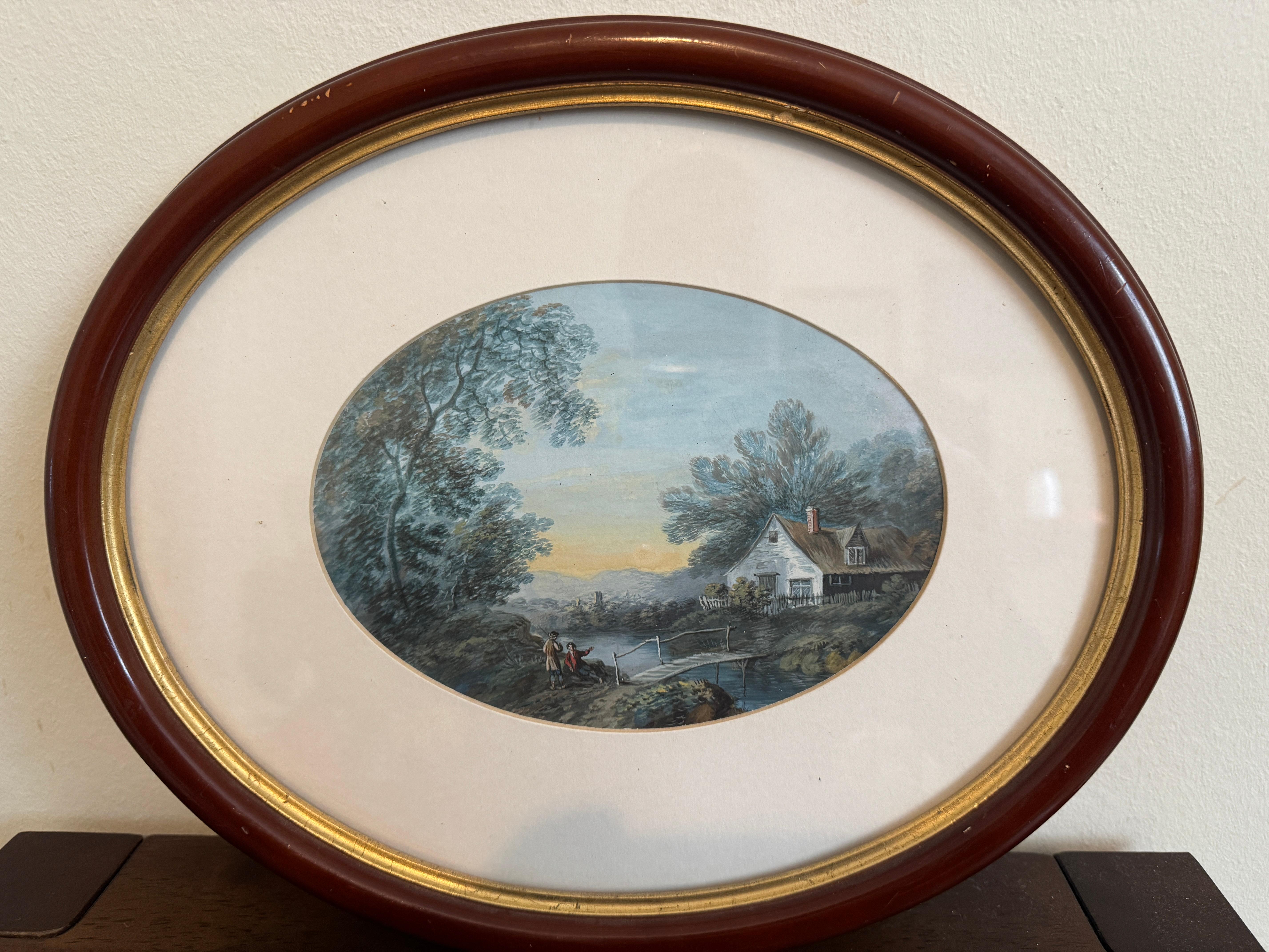 XIXe siècle Ensemble de 3 aquarelles encadrées du 19e siècle - Scènes de paysages pastoraux en vente