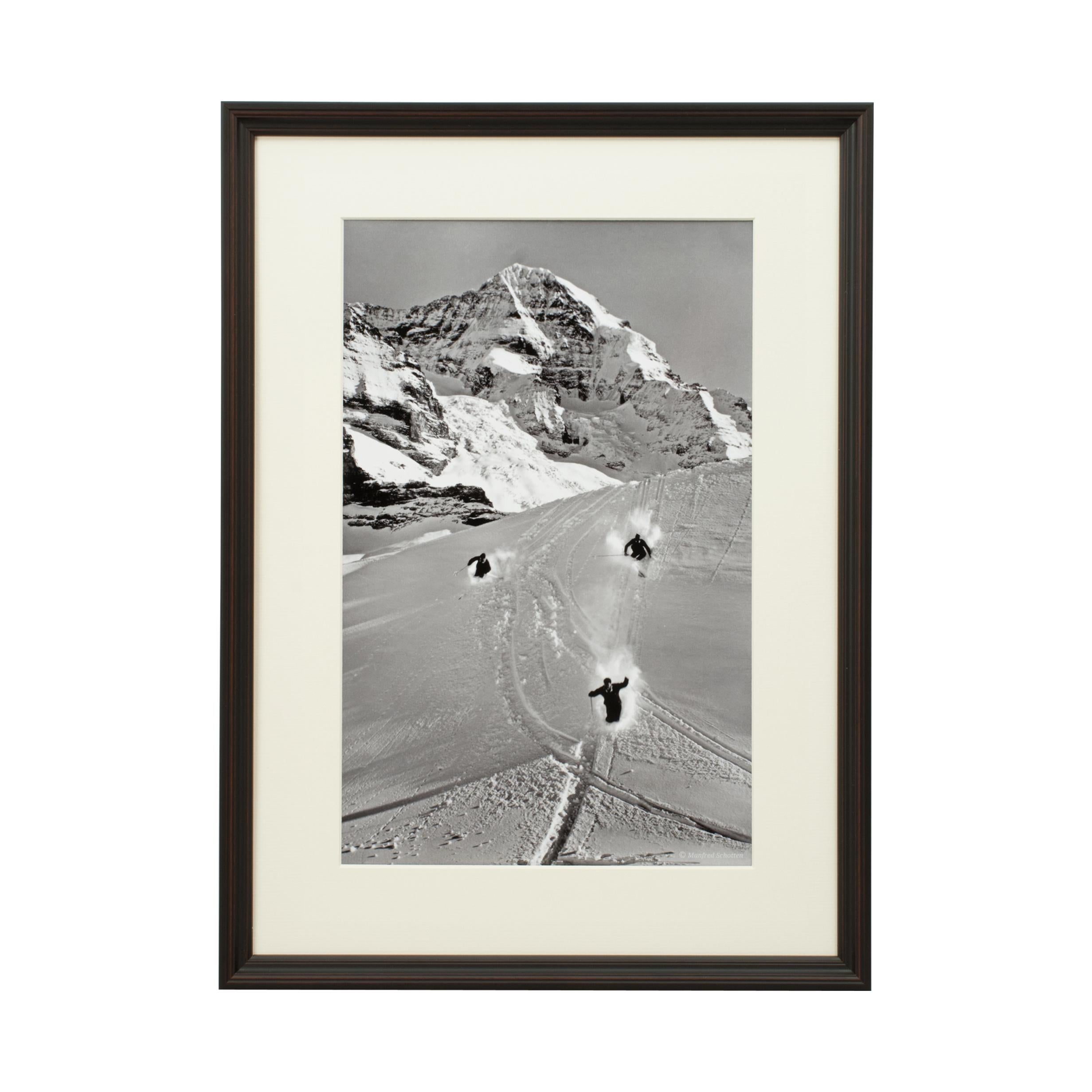 A set of 3 Vintage Style Ski Photography, Framed Alpine Ski Photograph, Matterhorn & Skiers, Der Sprung and Scheidegg.

'MATTERHORN & SKIERS', a modern framed and mounted black and white photograph after an original 1930's skiing photograph. The