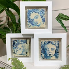 Set of 3 Framed Antique Portuguese Baroque Putti Tiles