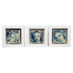 Set of 3 Framed Antique Portuguese Baroque Putti Tiles