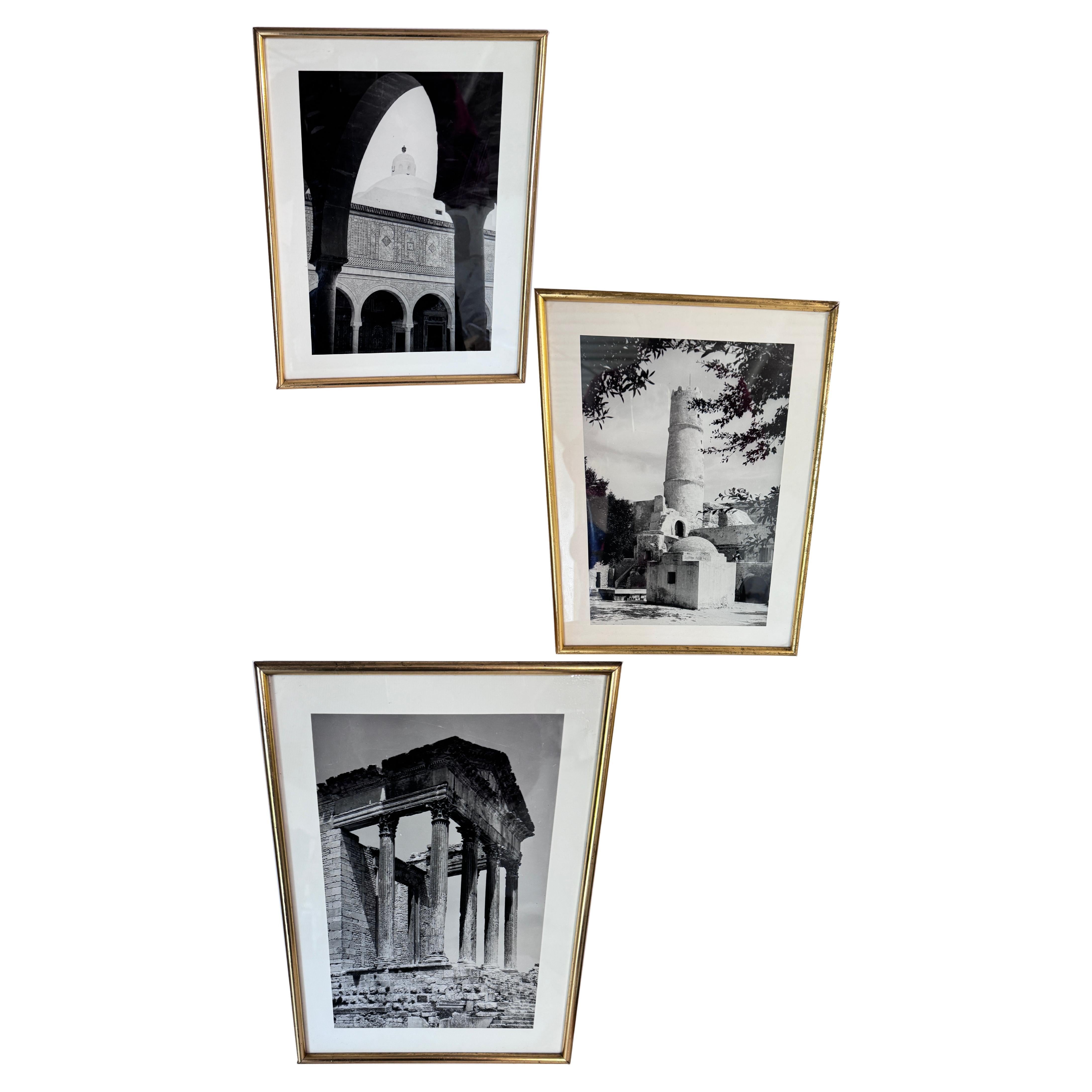 Set of 3 Framed Black and White Photographs 1950s Monuments Gold Frames en venta
