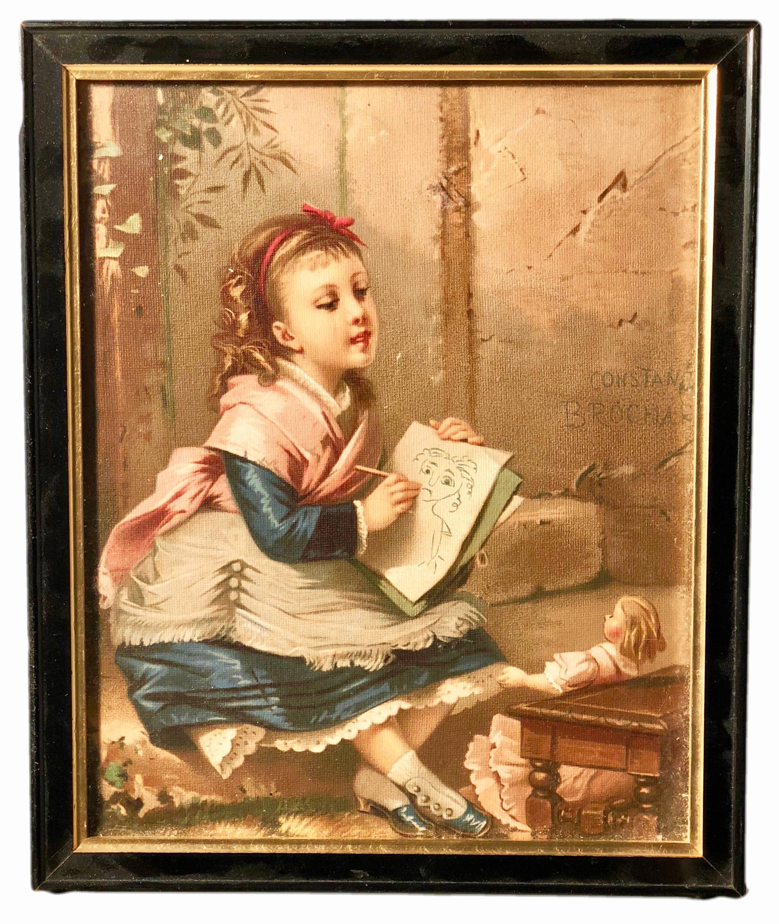 This is a charming set of three French framed lithographs of three young girls. One girl is drawing with her doll, another is feeding her pet berries and another is on her way to school. The colors are incredible as is the captured sentiment and