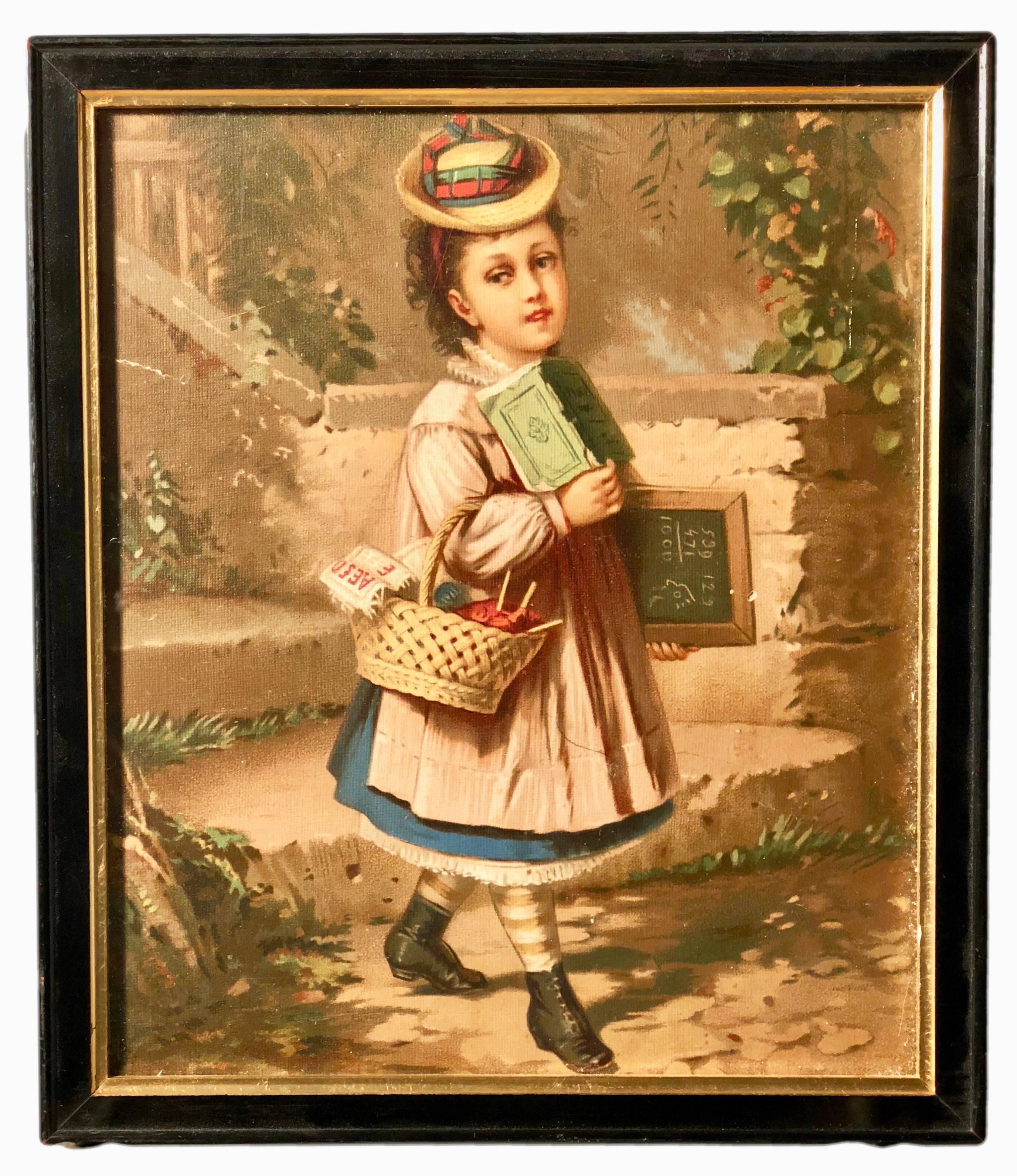 Belle Époque Set of Three Framed French Colored Lithographs of Three Young Girls, Early 1900s For Sale