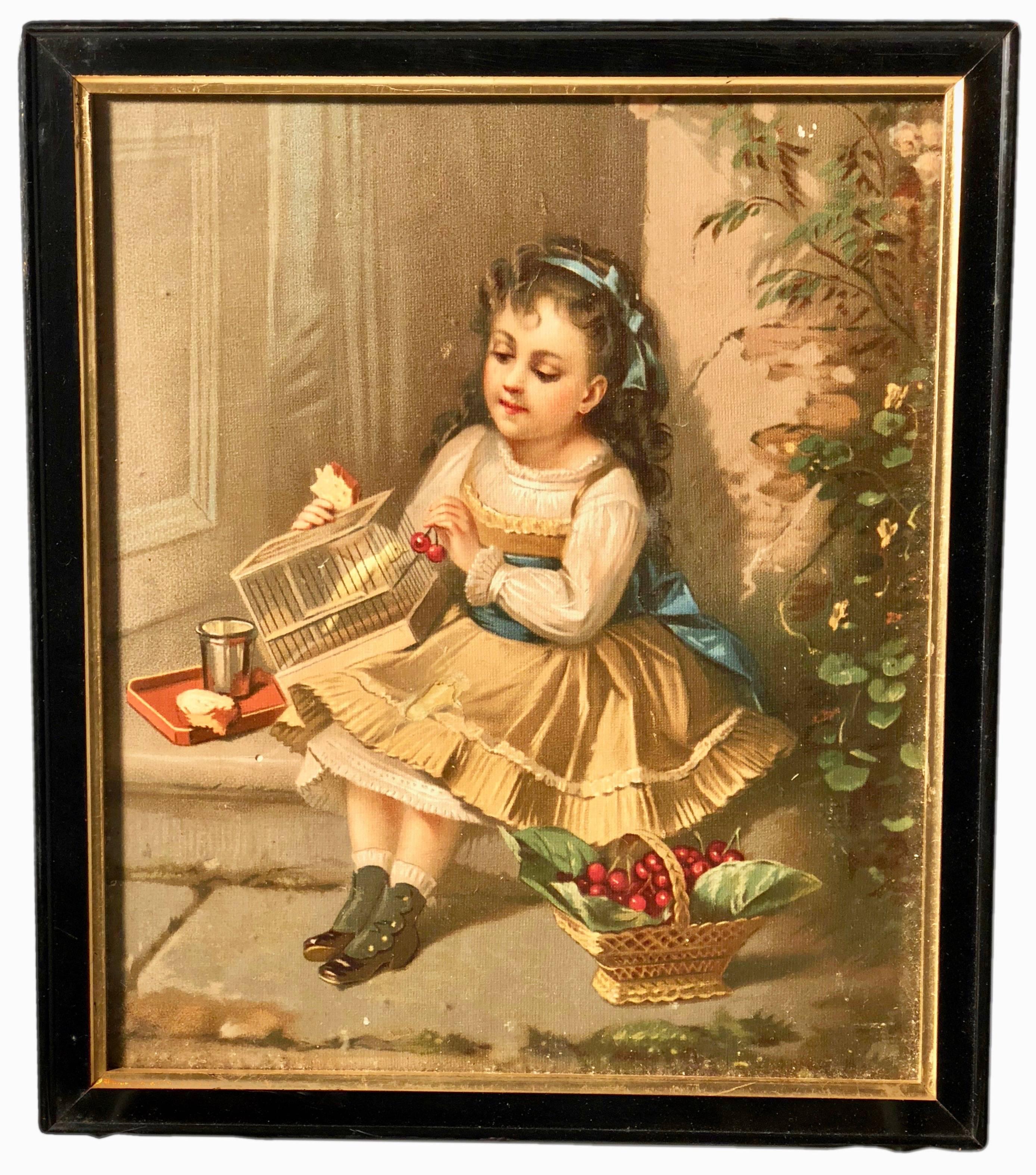 Other Set of Three Framed French Colored Lithographs of Three Young Girls, Early 1900s For Sale