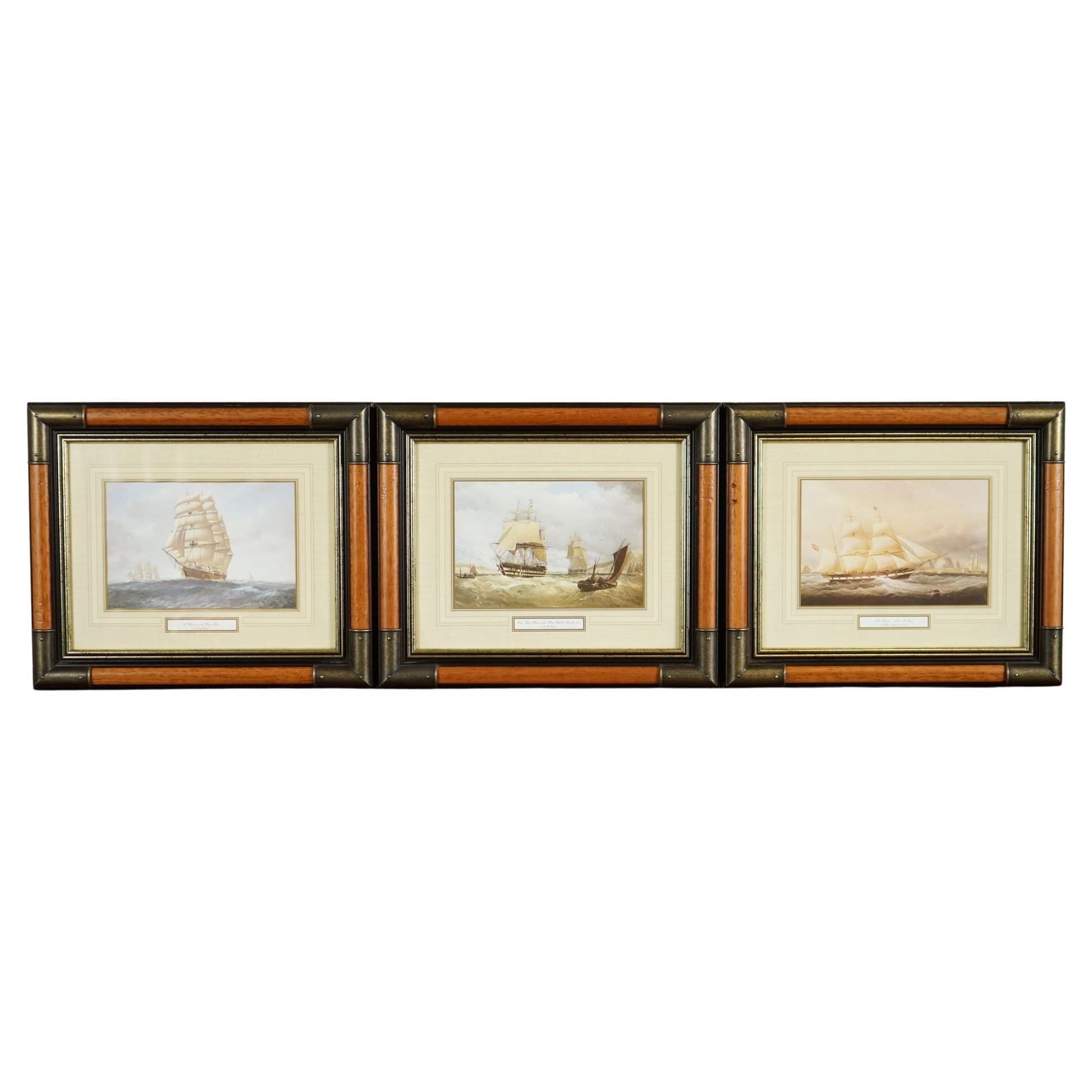 Set of 3 Framed Nautical Maritime Military Campaign Style Brass Ships at Sea