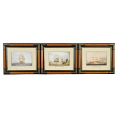 Set of 3 Framed Nautical Maritime Military Campaign Style Brass Ships at Sea