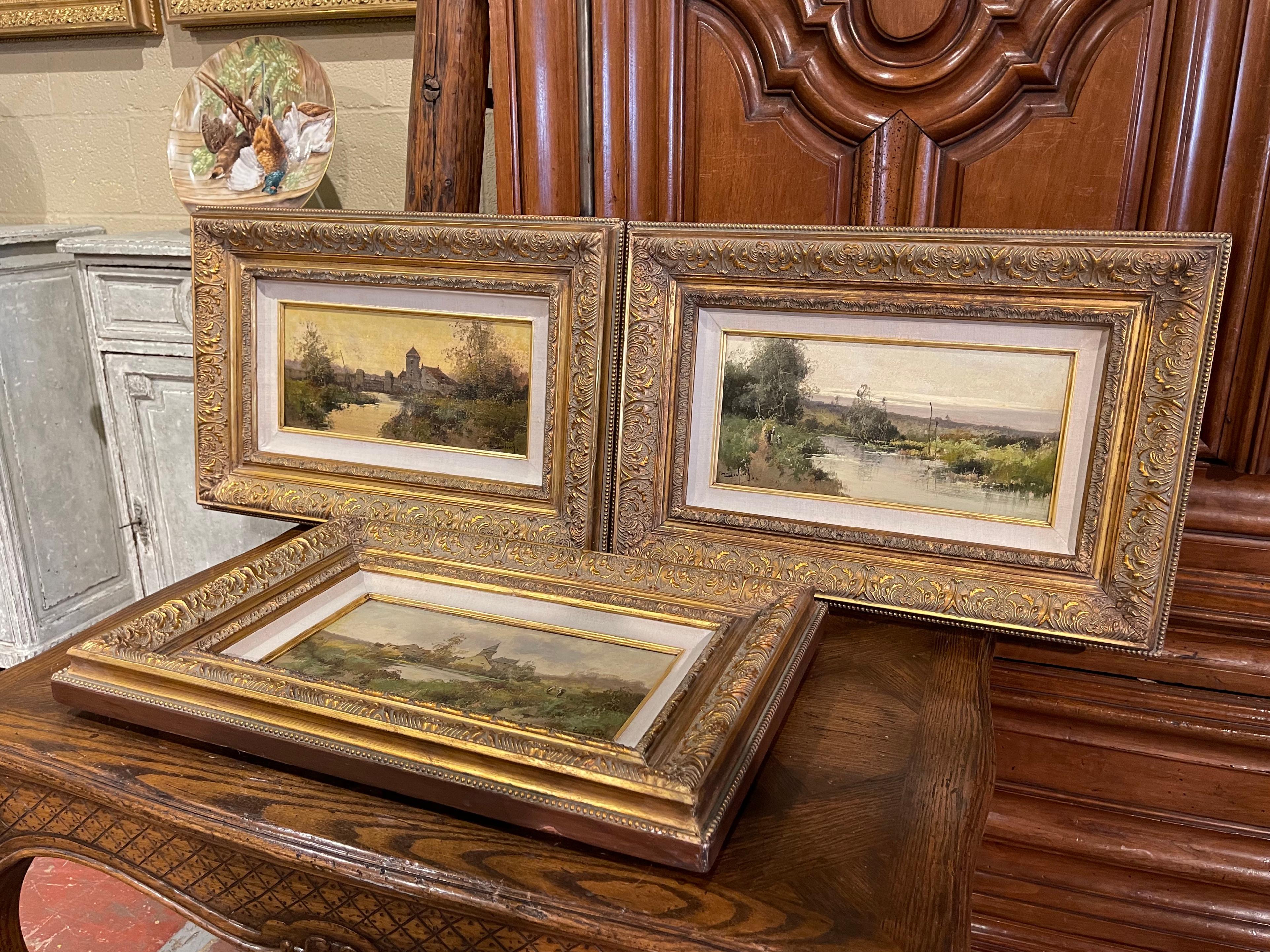 Decorate a study, living room or den with this beautiful and colorful suite of antique paintings! Painted in France circa 1890, the artworks are set in carved gilt wood frames and illustrate picturesque, countryside scenes in rural France in a post
