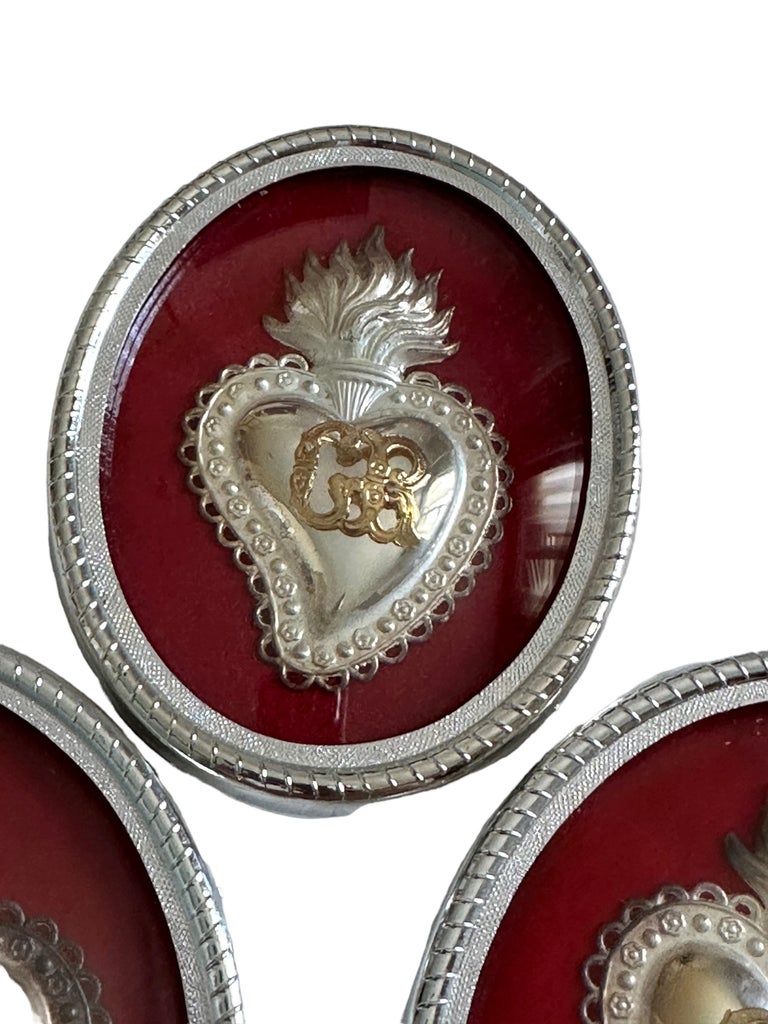 Set of 3 Framed Silver Sacred Heart Ex Voto Monogramed, Antique