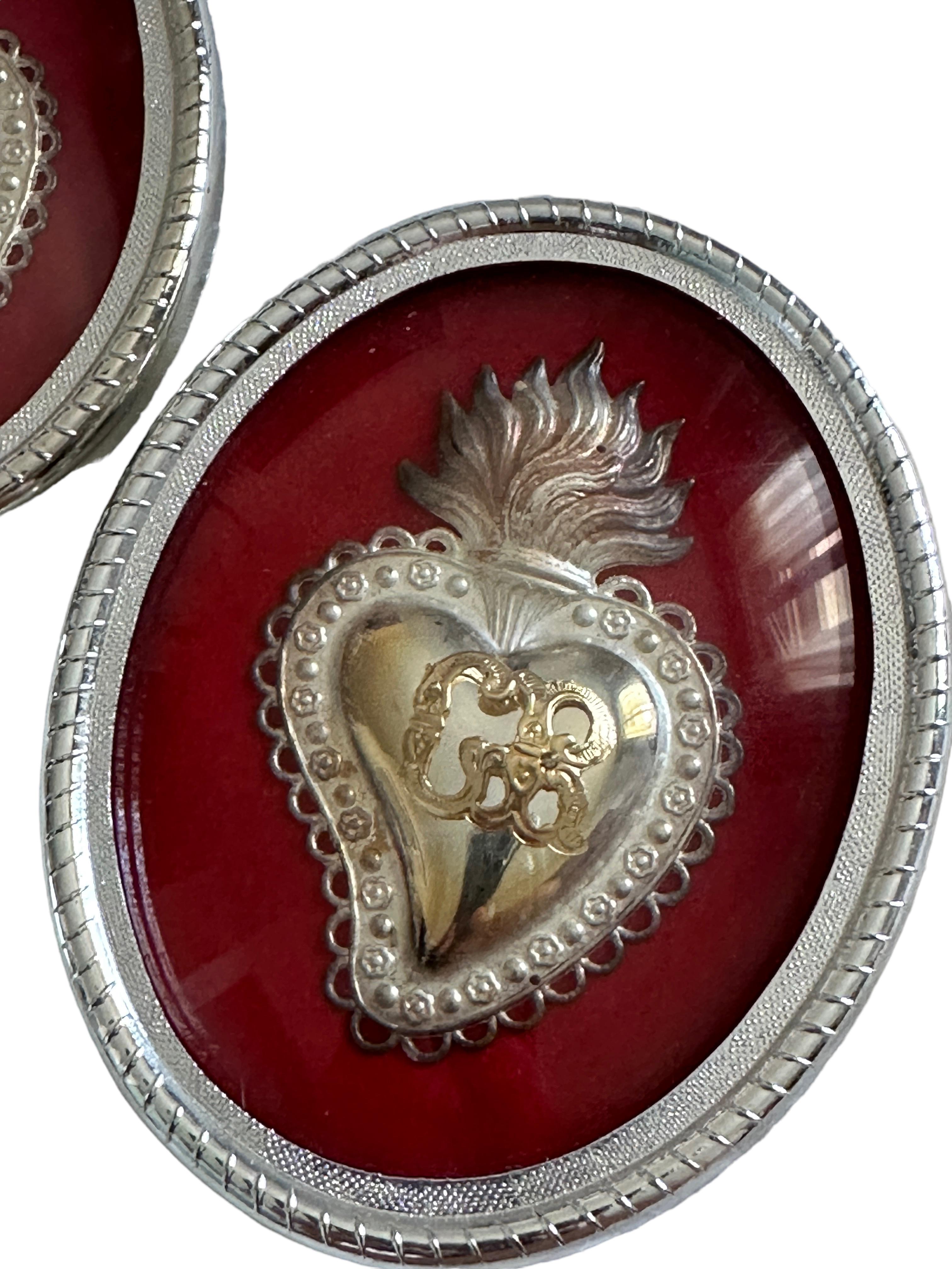 Italian Set of 3 Framed Silver Sacred Heart Ex Voto Monogramed, Antique European, 1910s