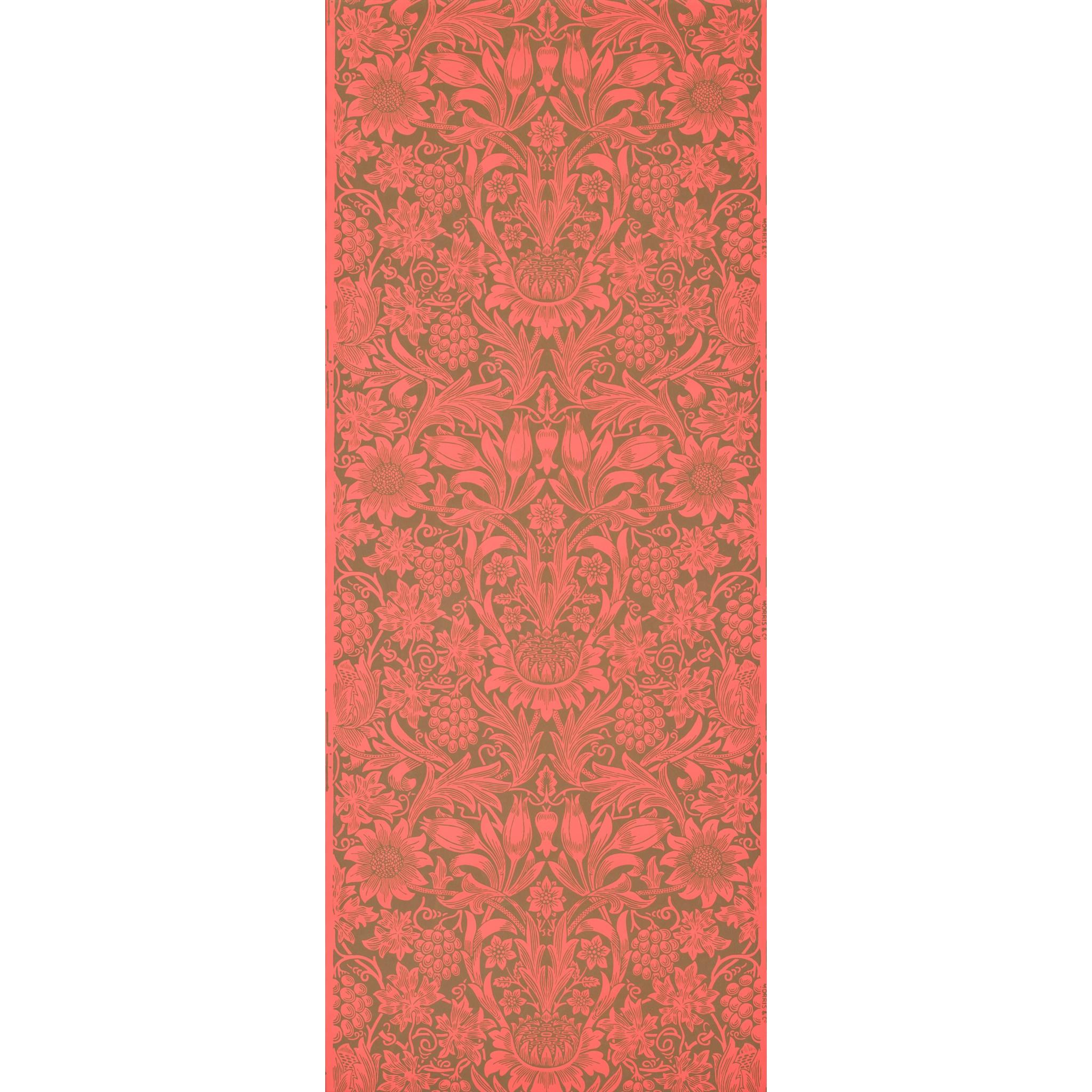A set of three framed William Morris wallpaper panels in the Honeysuckle (yellow), Fritillary (teal), and Sunflower (red )patterns.

The 'Honeysuckle' pattern wallpaper panel was designed by May Morris in 1883 for Morris & Co. Although best known