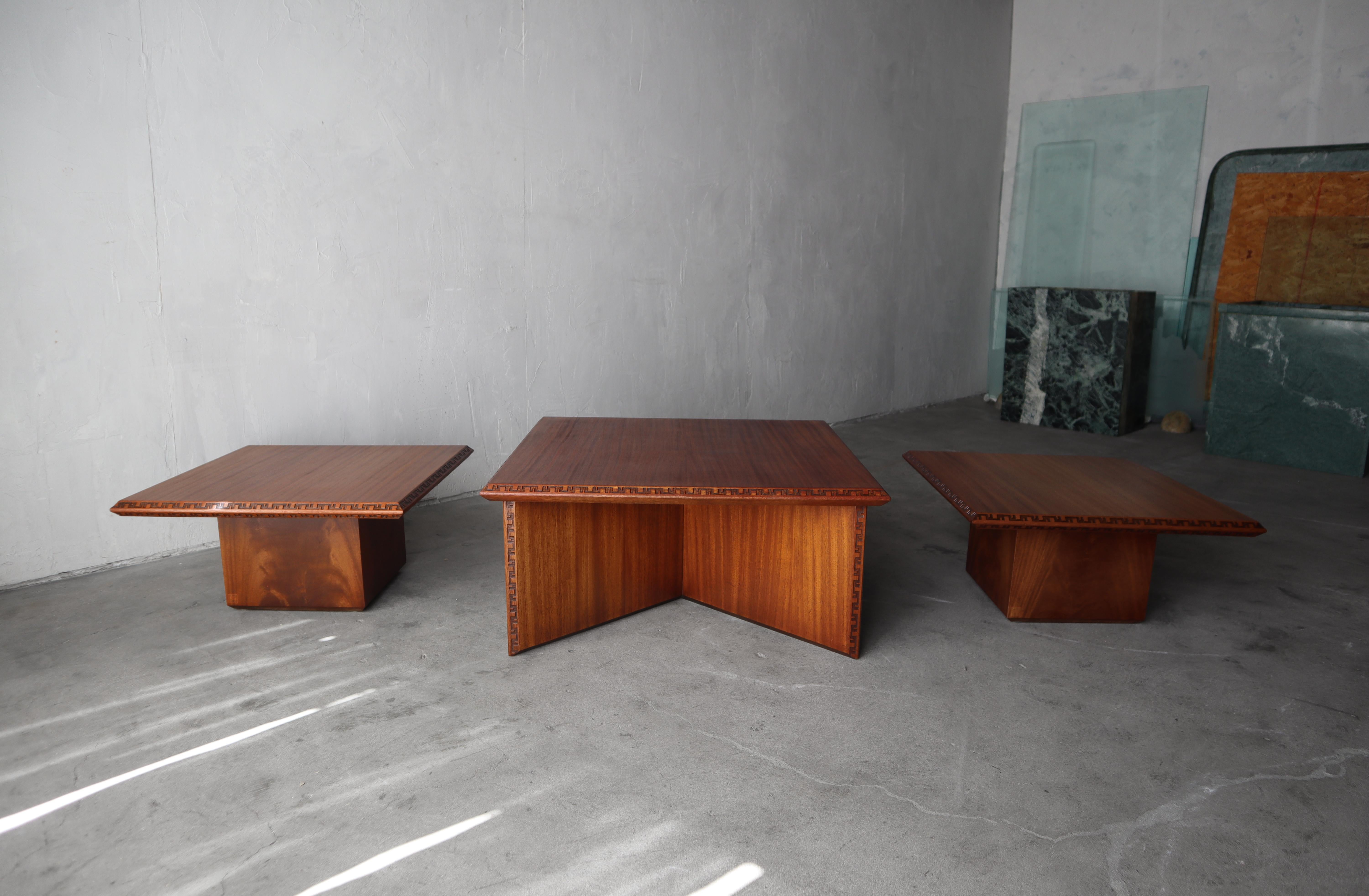 Super RARE and early Mid Century set of tables from the Taliesin Collection by Frank Lloyd Wright for Heritage-Henredon.

Set includes 1 coffee table (33
