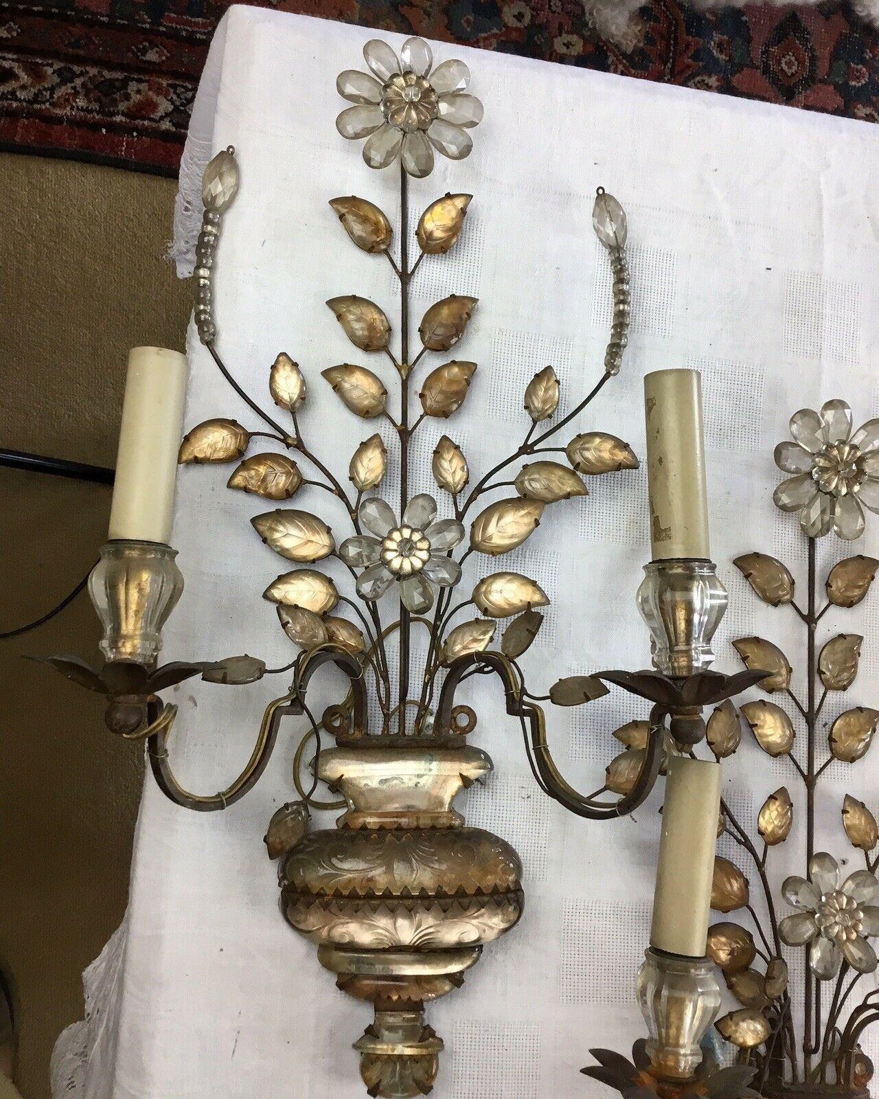 Set of 3 French Art Deco 1920s Crystal Flowers/ Vase Wall Sconces  Maison Bagues For Sale 1