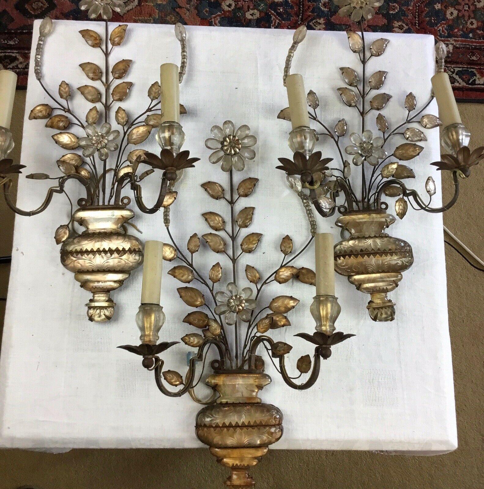 Set of 3 French Art Deco 1920s Crystal Flowers/ Vase Wall Sconces  Maison Bagues For Sale 2
