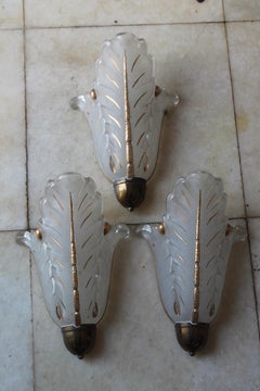Set of 3 French Art Deco 1930's Frosted Art Glass Floral Form Ezan Wall Sconces