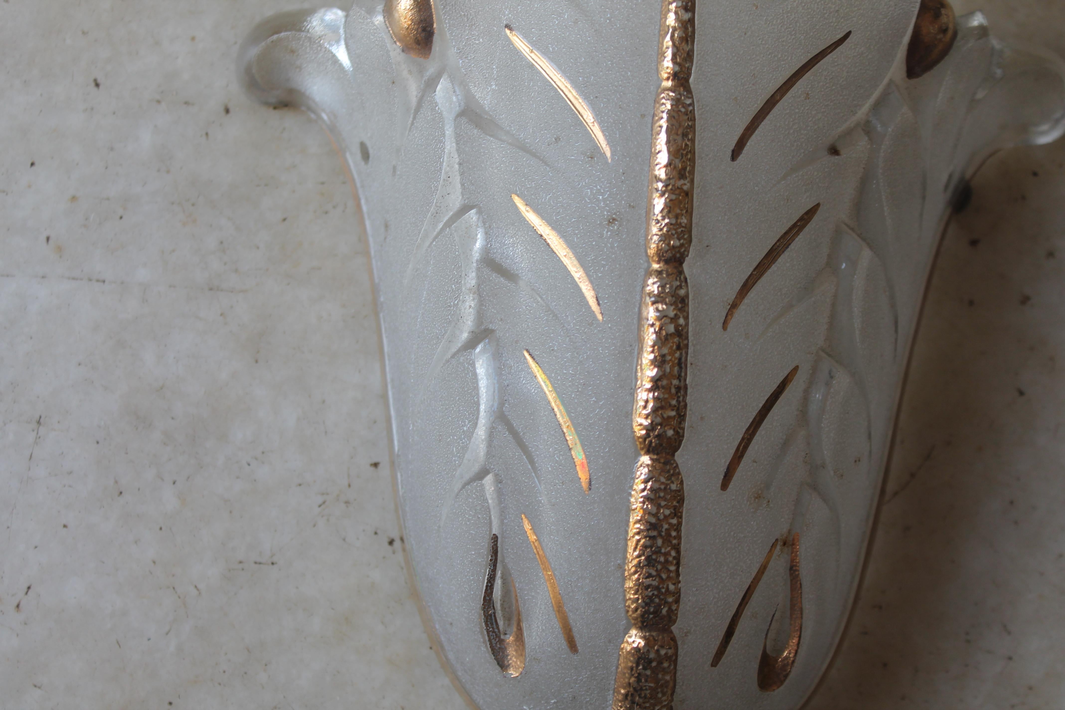Set of 3 French Art Deco 1930's Frosted Art Glass Floral Form Ezan Wall Sconces For Sale 1