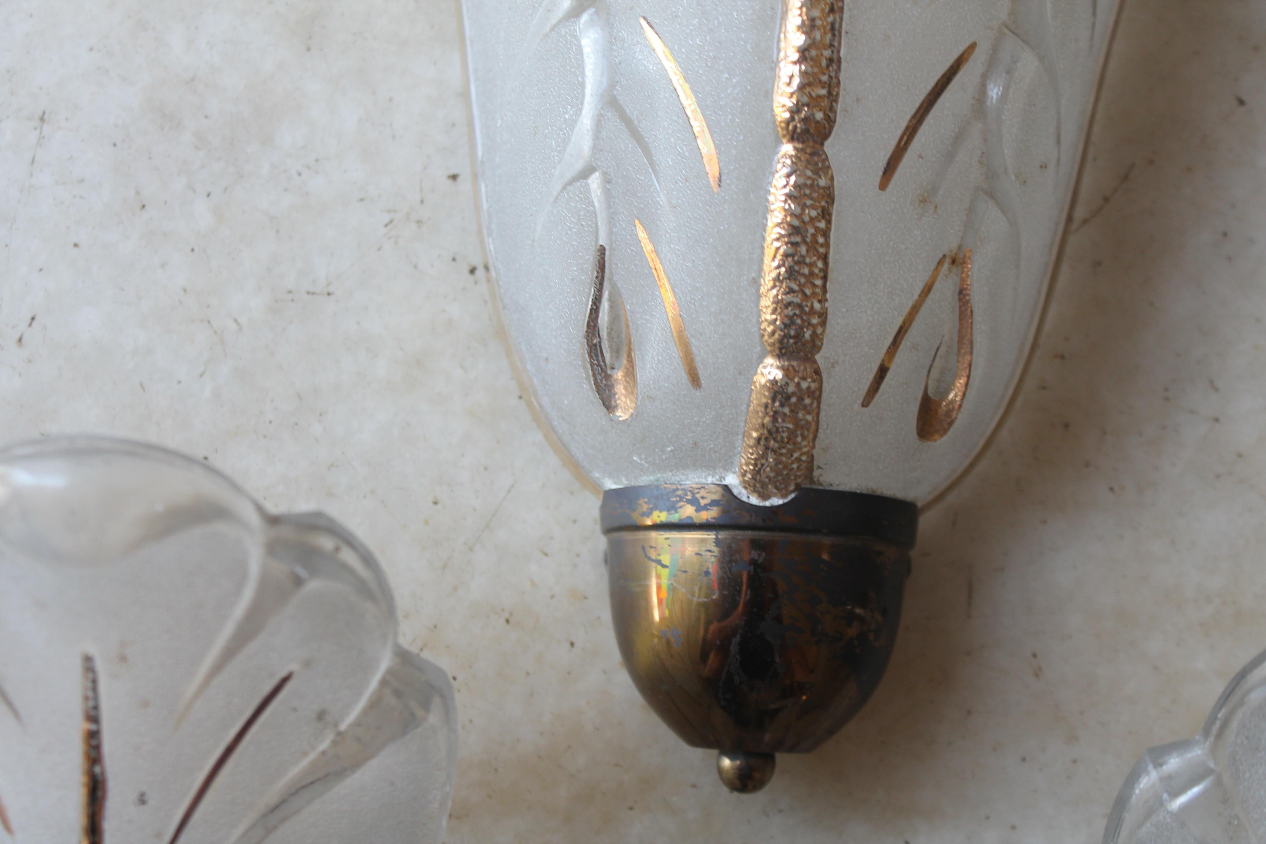 Set of 3 French Art Deco 1930's Frosted Art Glass Floral Form Ezan Wall Sconces For Sale 2