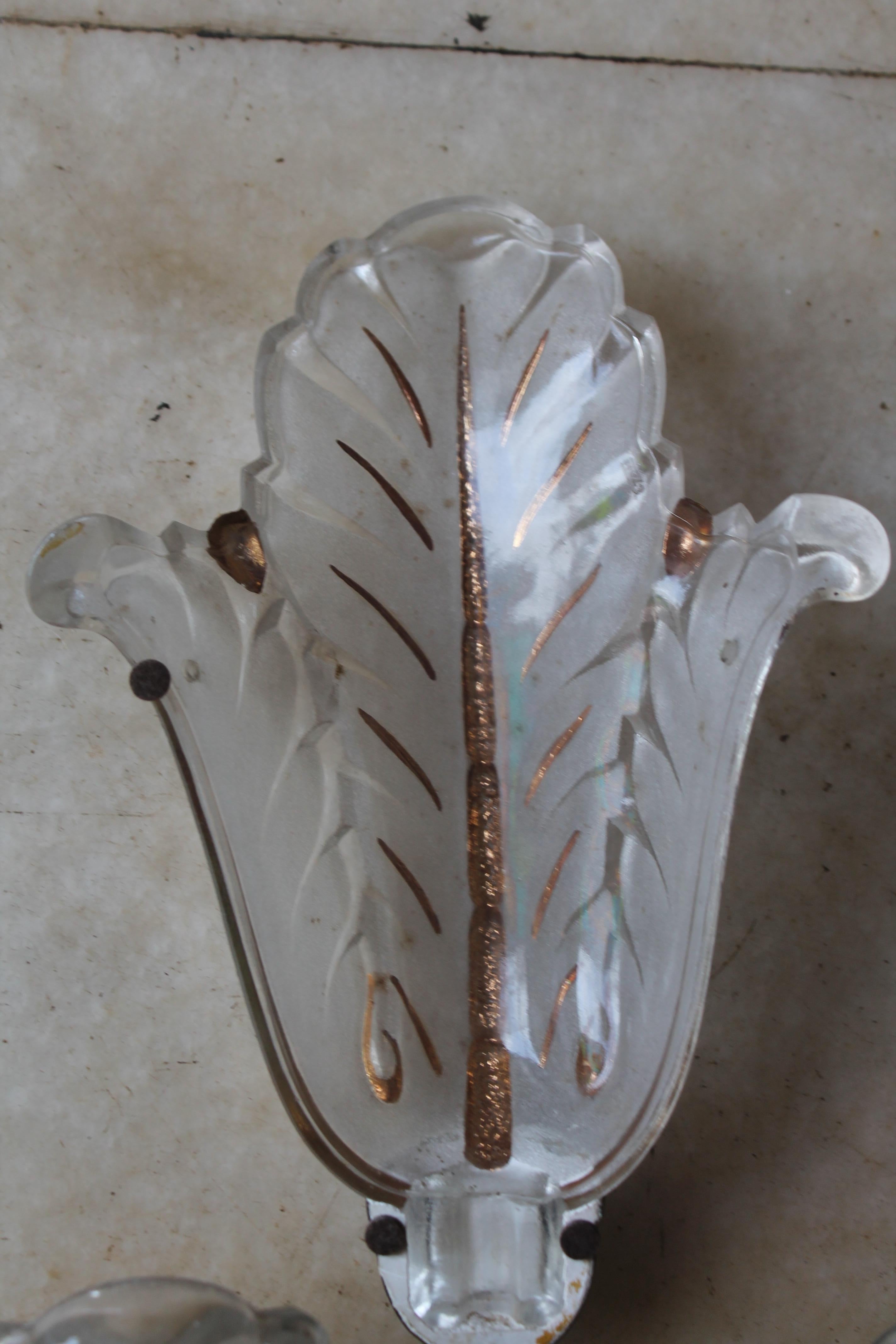 Set of 3 French Art Deco 1930's Frosted Art Glass Floral Form Ezan Wall Sconces For Sale 4