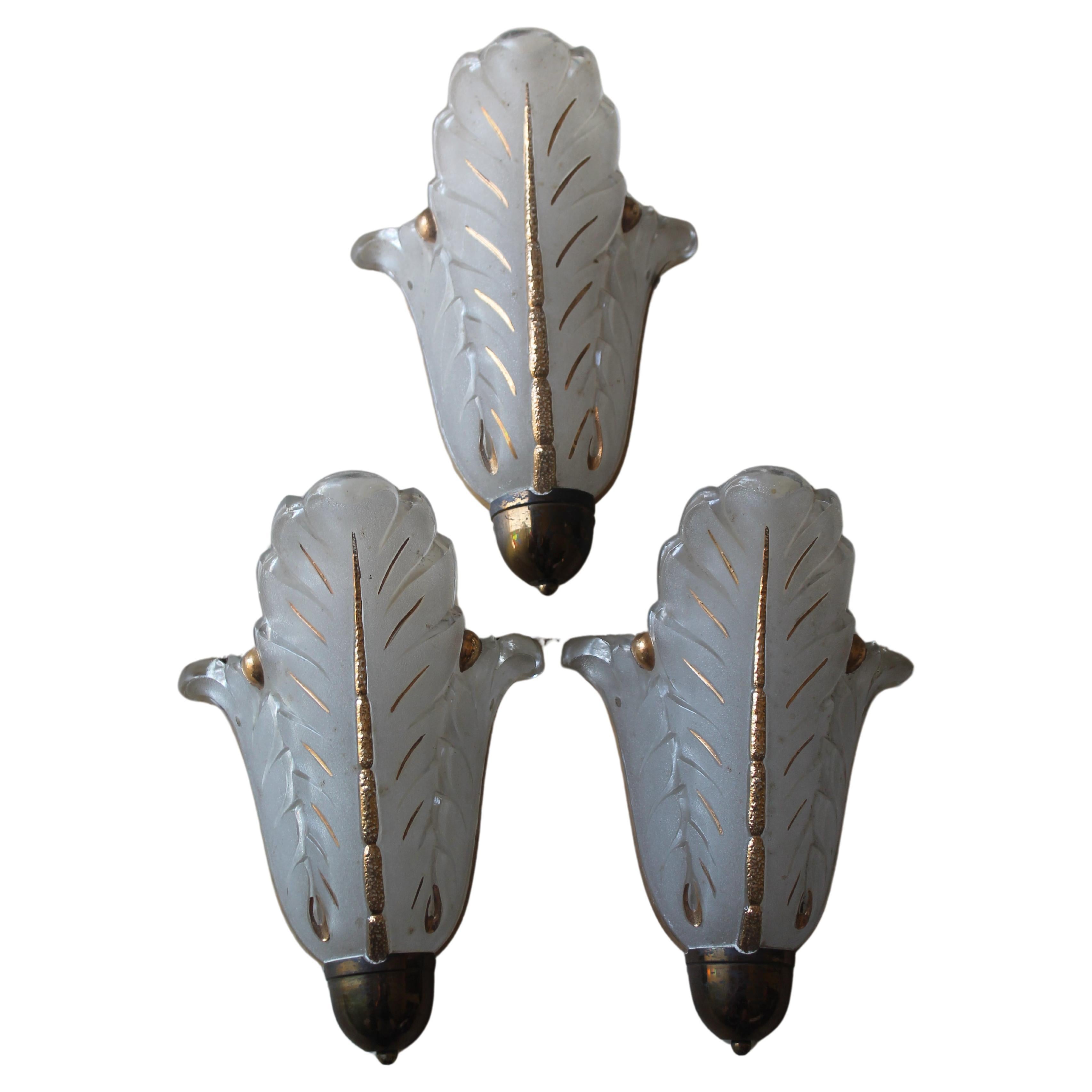 Set of 3 French Art Deco 1930's Frosted Art Glass Floral Form Ezan Wall Sconces For Sale