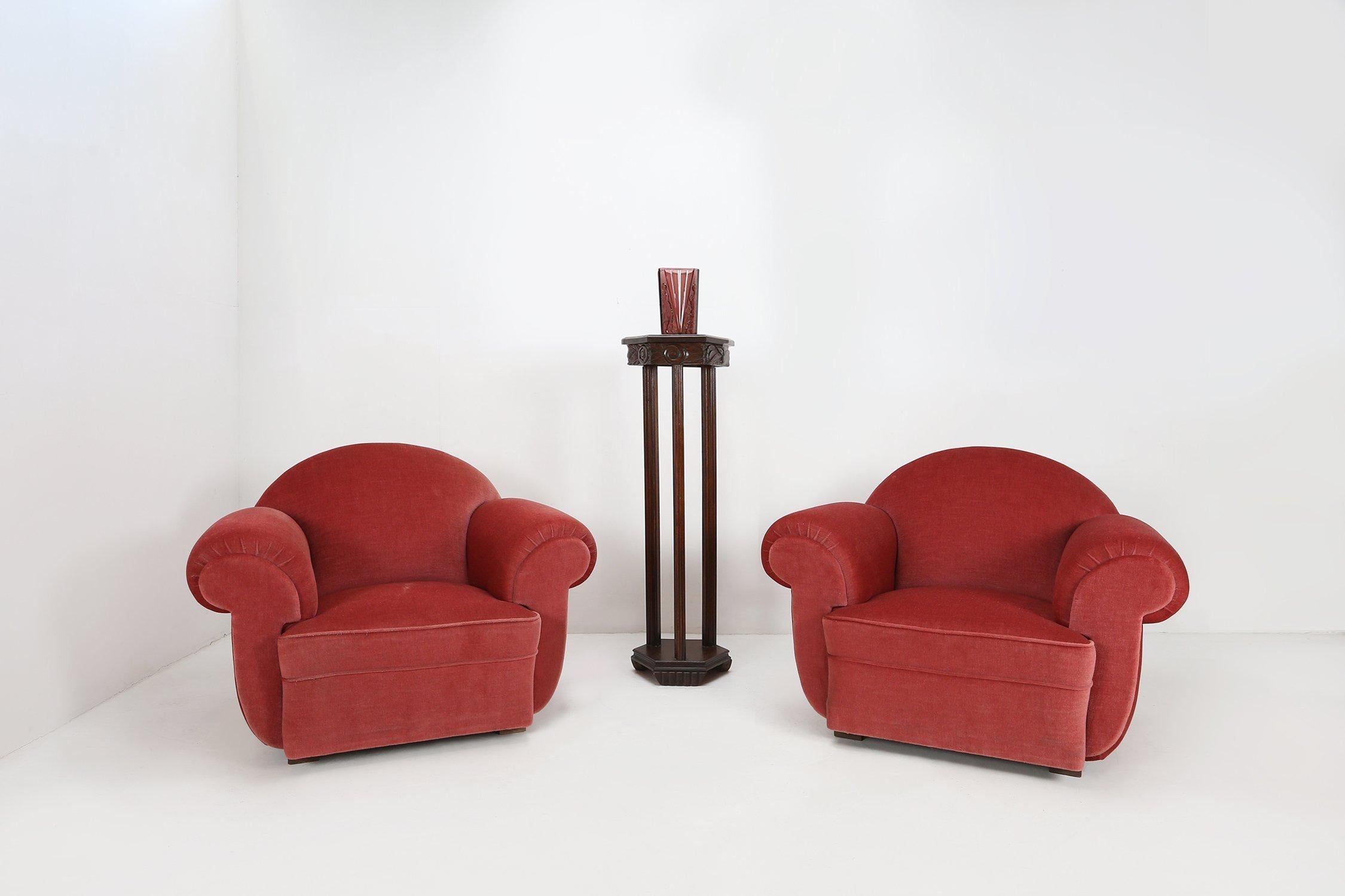 Juego de 3 sillones franceses Art Decó tapizados en terciopelo rojo, 1930 en venta 7