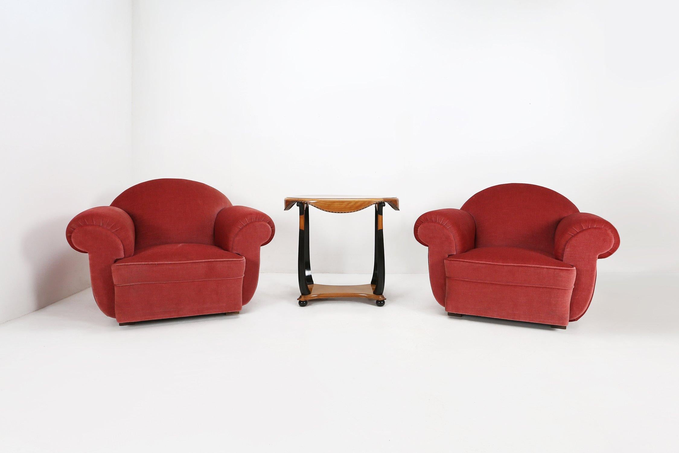 Ensemble de 3 fauteuils Art Déco français tapissés de velours rouge, années 1930 en vente 11