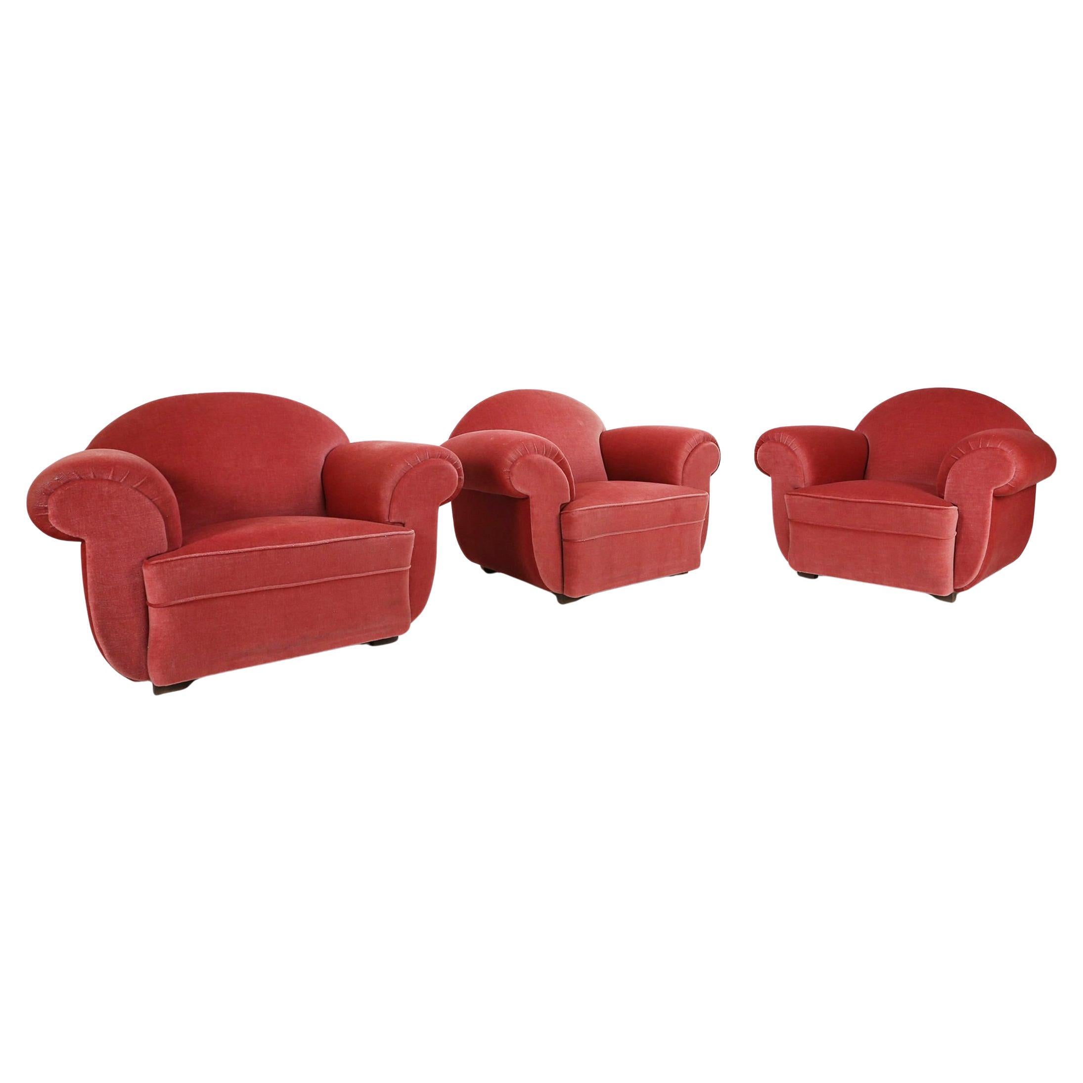 Set of 3 French Art Deco Red velvet Upholstered Armchairs, 1930s