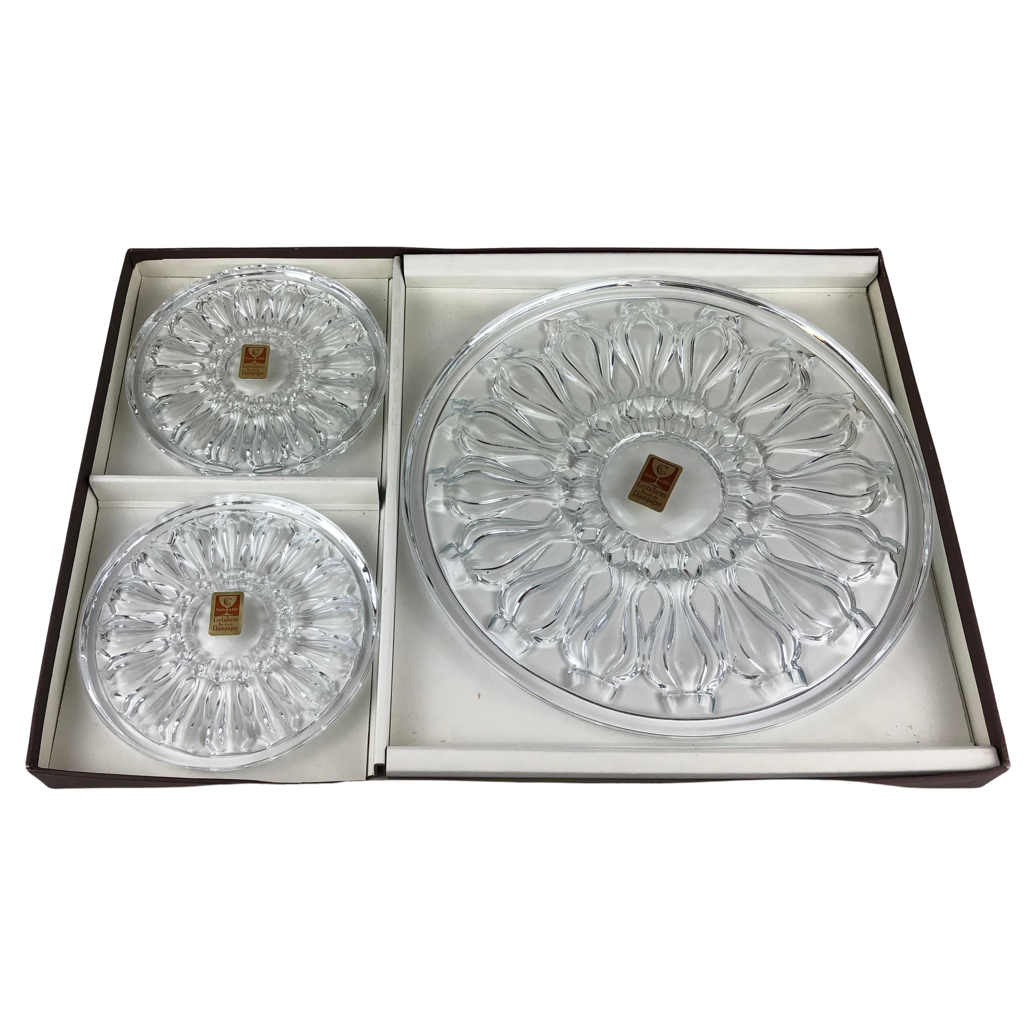 Ensemble de 3 sous-verres à champagne ou à bouteilles de vin en cristal de style Baccarat français