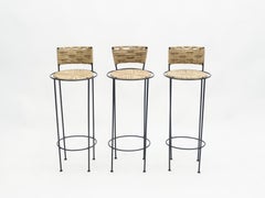Set of 3 French Bar Stools Rope and Metal by Audoux Minet, 1950s