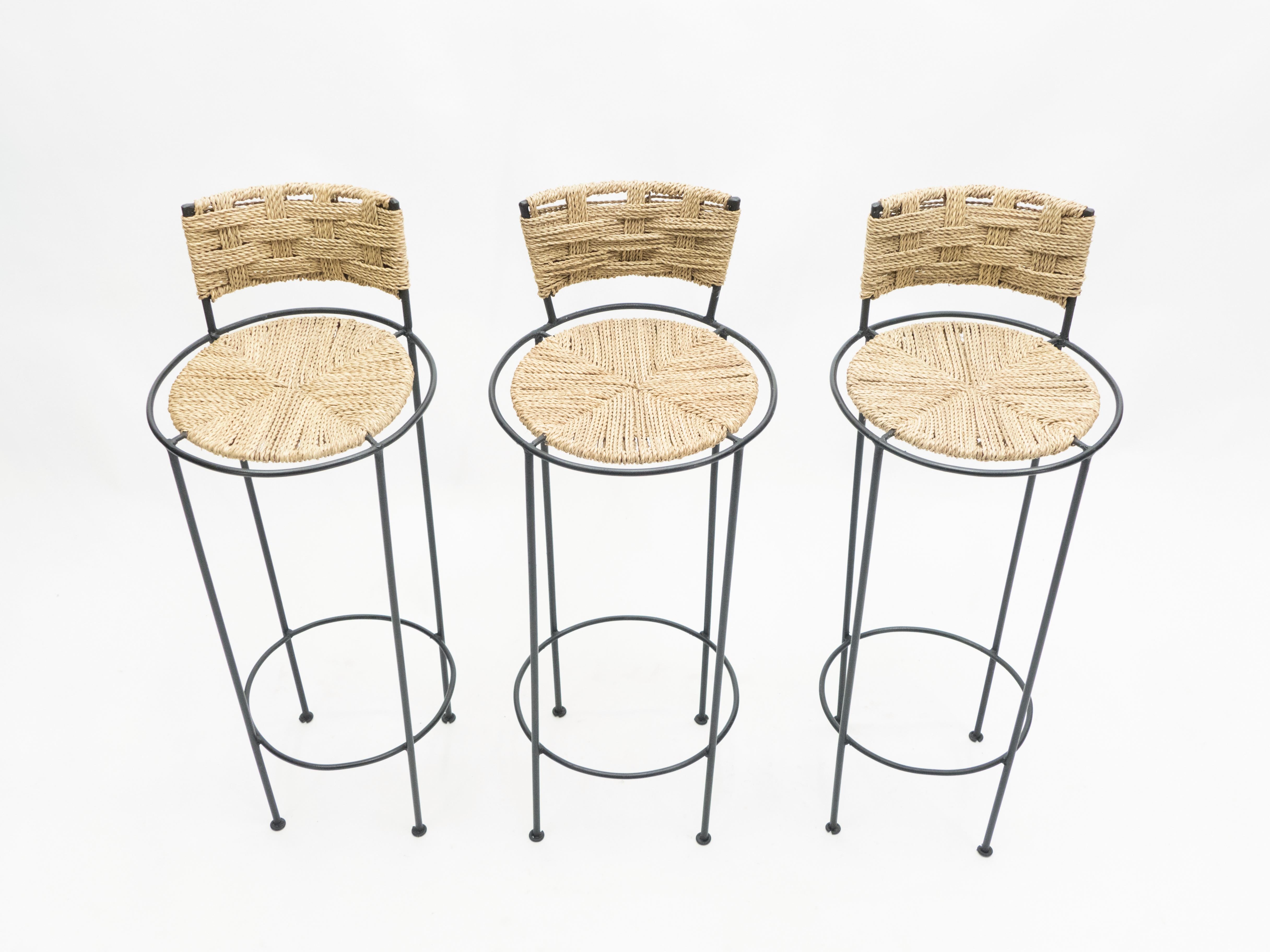 Mid-Century Modern Set of 3 French Bar Stools Rope and Metal by Audoux Minet, 1950s