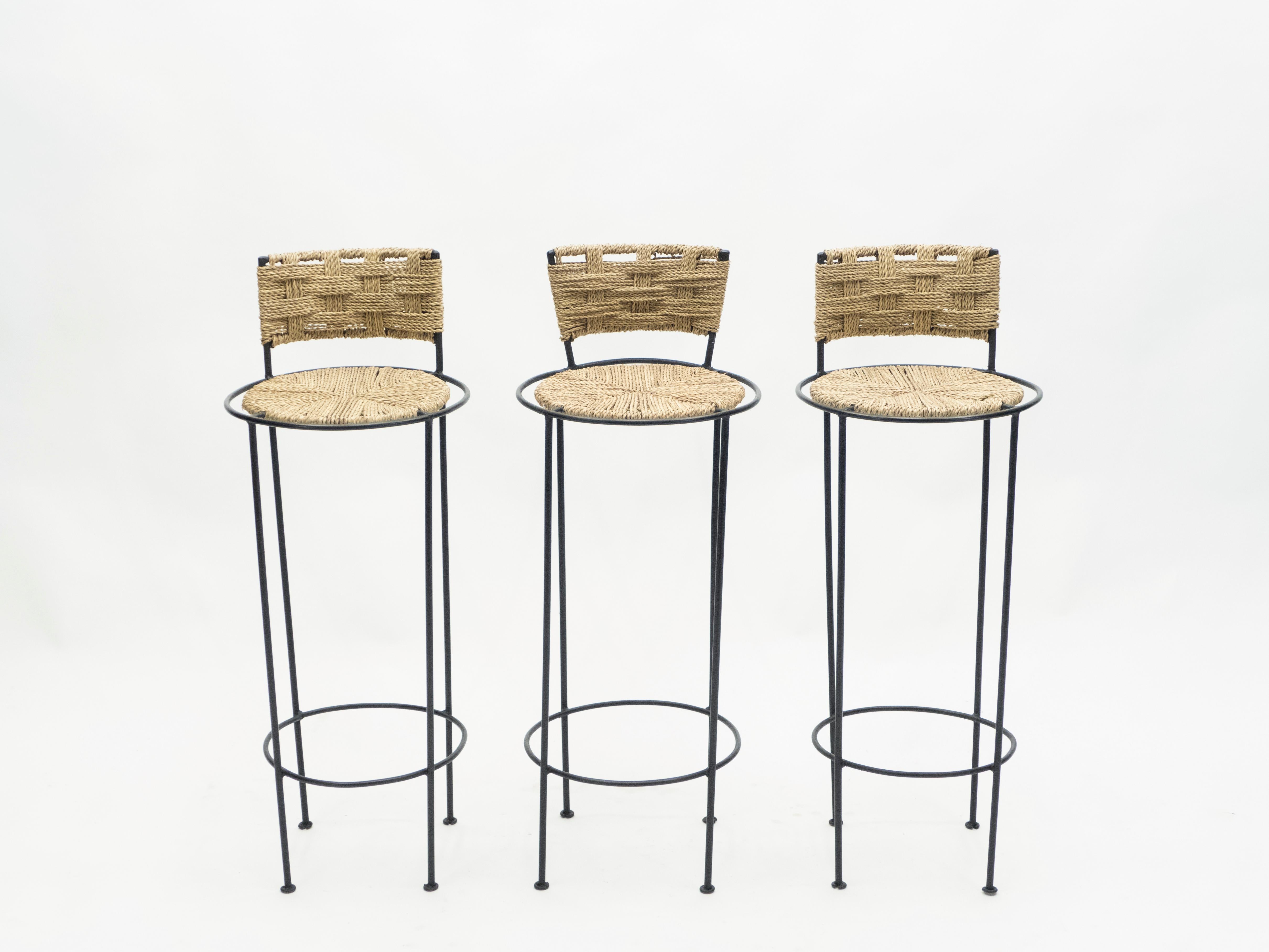 Set of 3 French Bar Stools Rope and Metal by Audoux Minet, 1950s In Good Condition In Paris, IDF