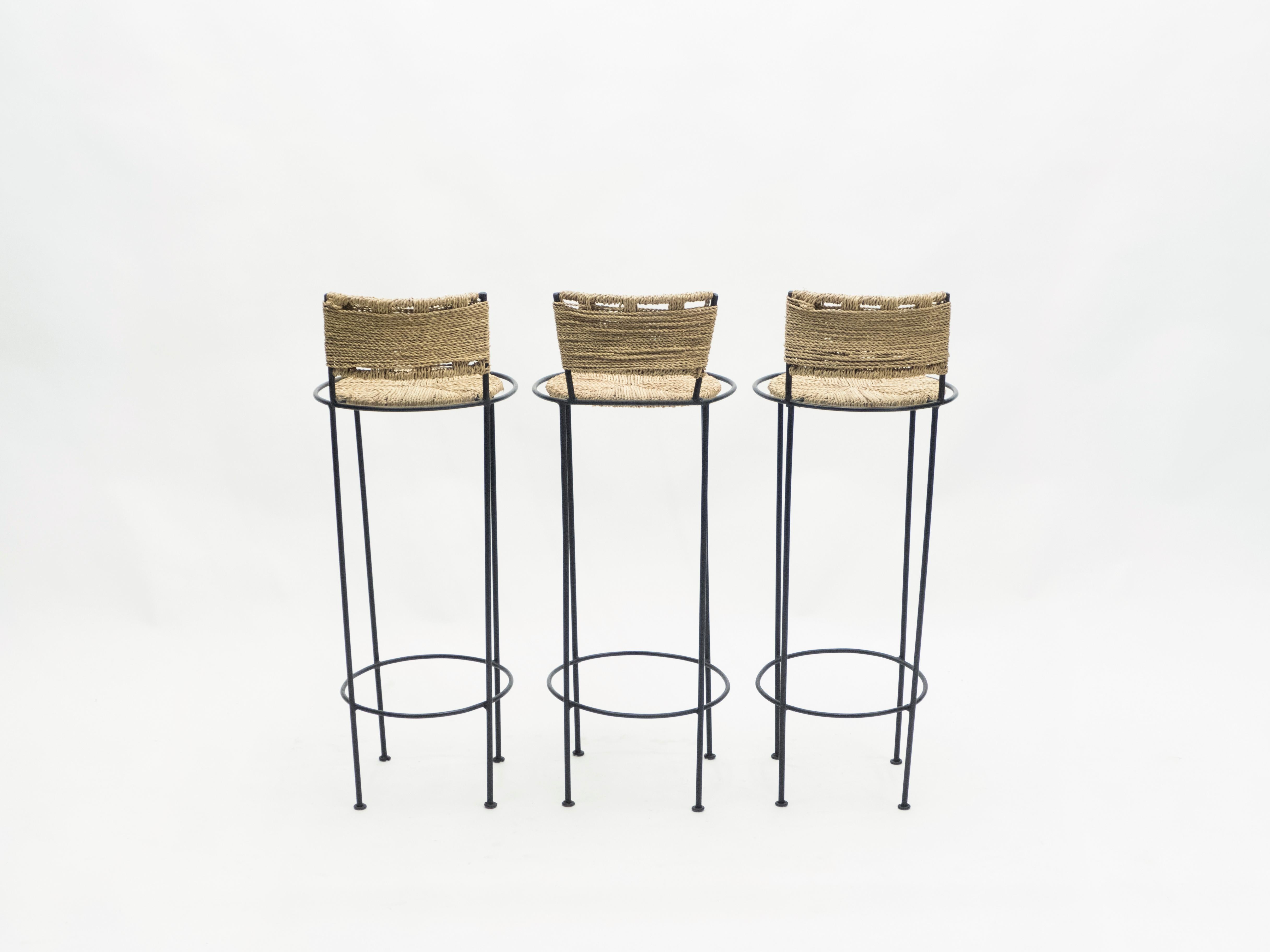 Mid-20th Century Set of 3 French Bar Stools Rope and Metal by Audoux Minet, 1950s