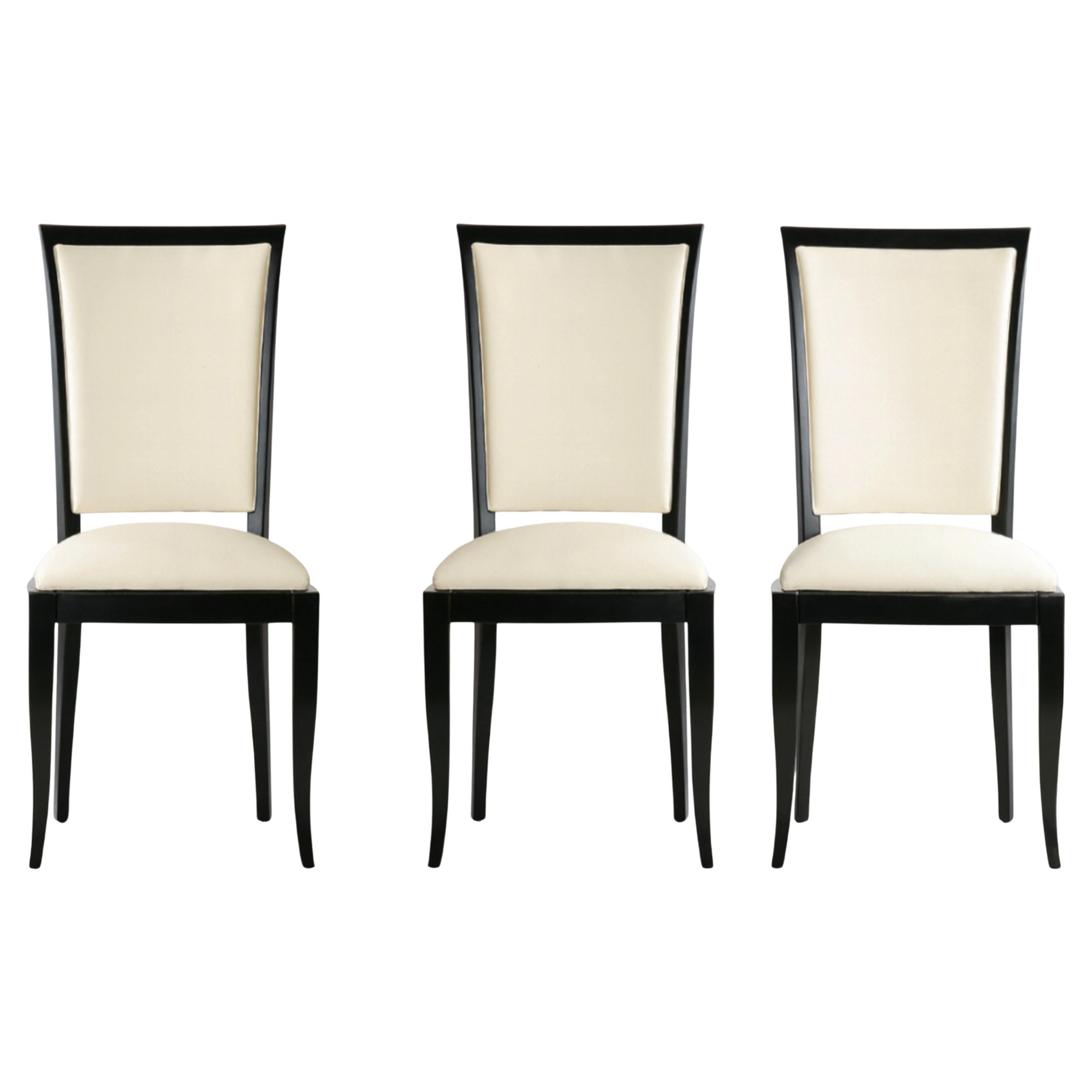 Set of 3 French Black Lacquer Art Deco Dining Chairs, 20th Century