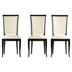 Set of 3 French Black Lacquer Art Deco Dining Chairs, 20th Century