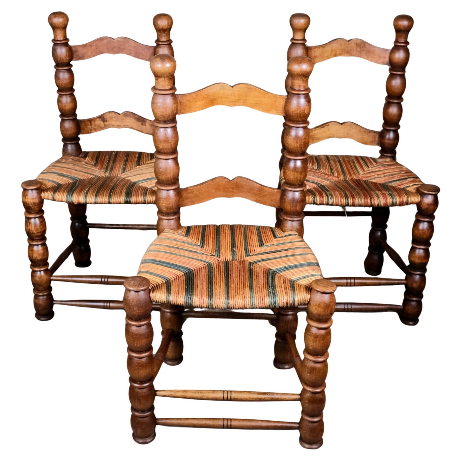 Set of 3 French bobbin chairs in the style of Charles Dudouyt, 1940-50s