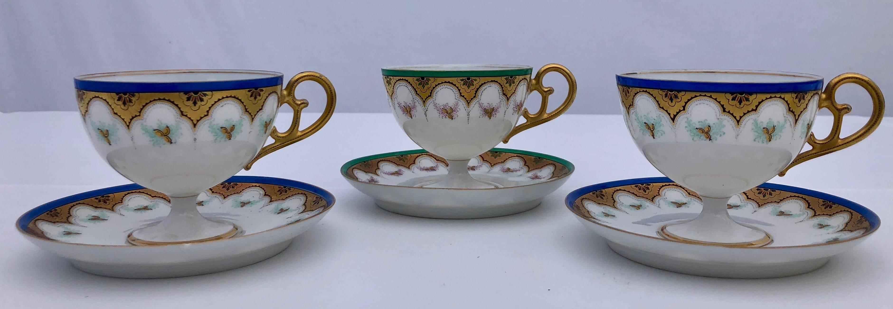 Napoleon III Set of Three Bone China Tea Cups with Pedestal Bottom, Saucers Early 1900s For Sale