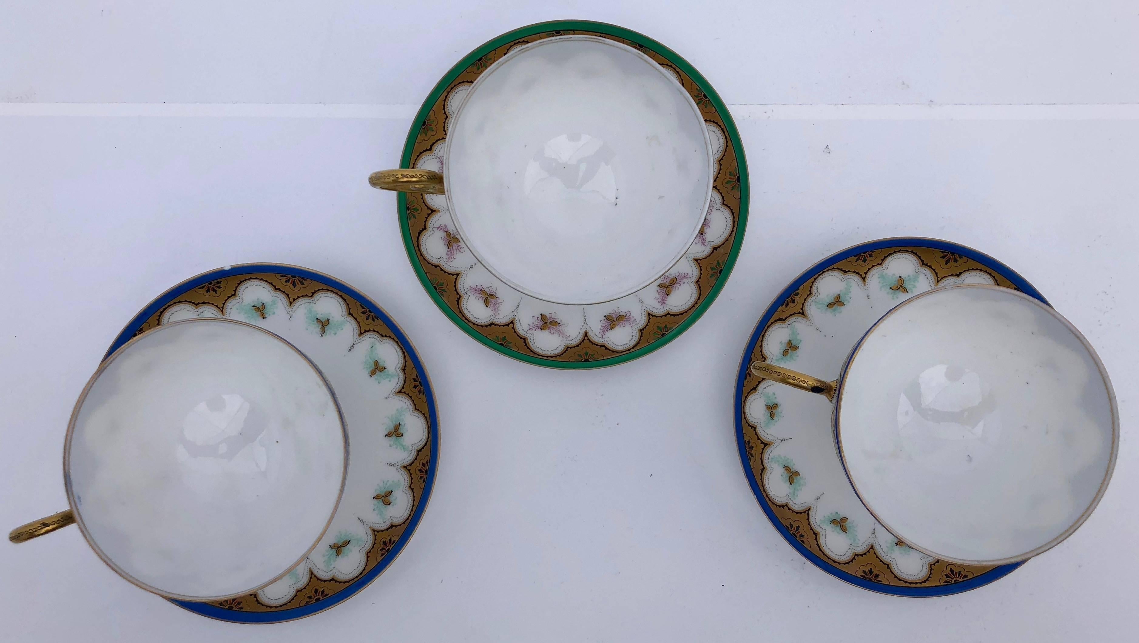 French Set of Three Bone China Tea Cups with Pedestal Bottom, Saucers Early 1900s For Sale