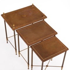 Set of 3 French Brass & Leather Nesting Tables in Manner of Maison Jansen.