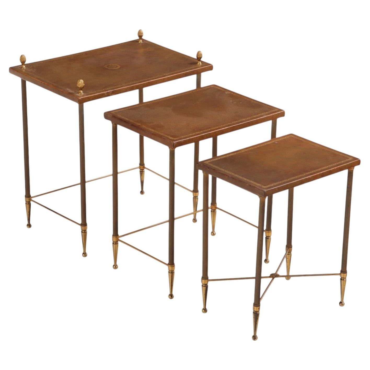 Set of 3 French Brass & Leather Nesting Tables in Manner of Maison Jansen. For Sale