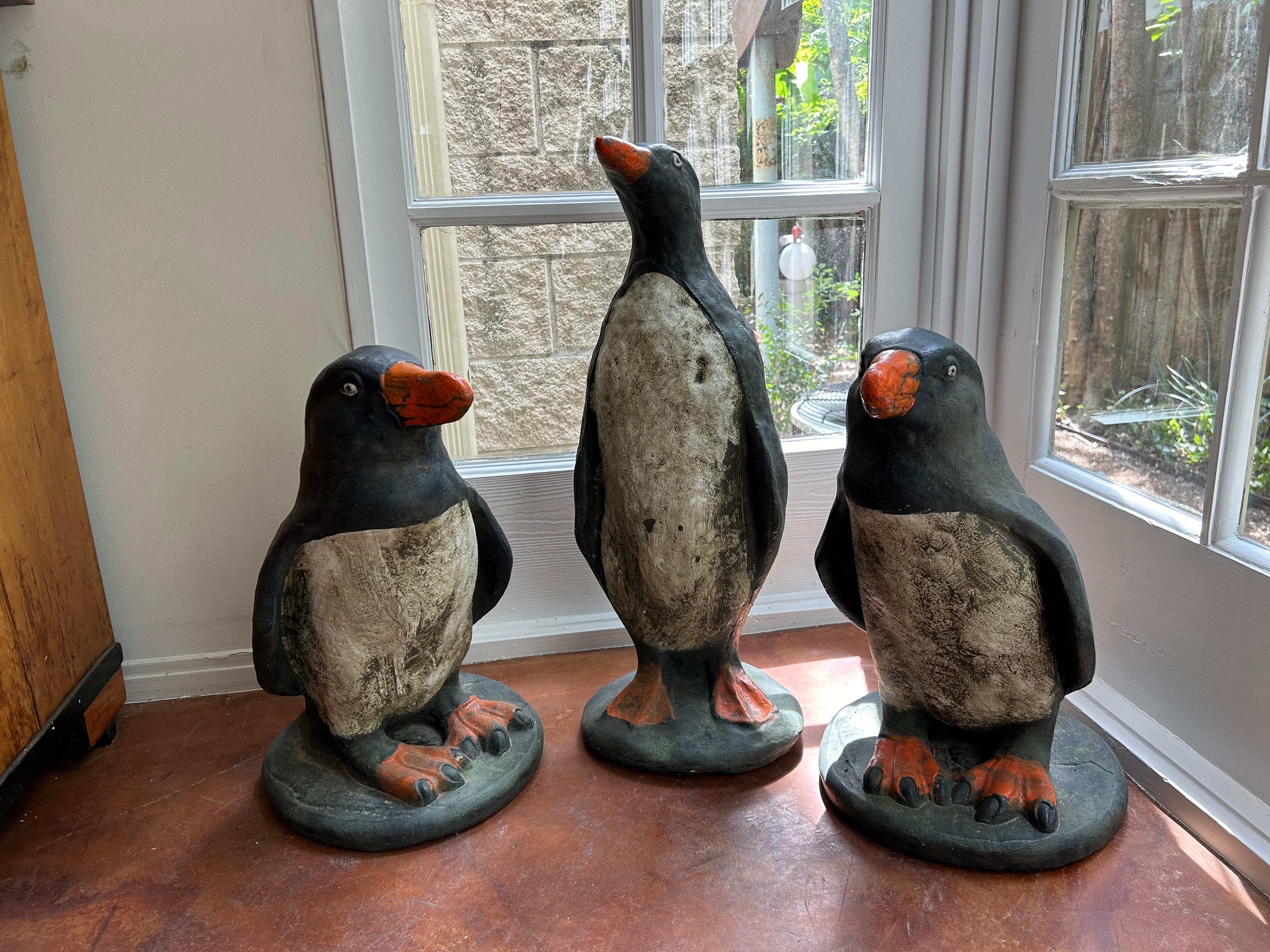 French Provincial Set Of 3 French Cast Stone Penguin Garden Statues For Sale