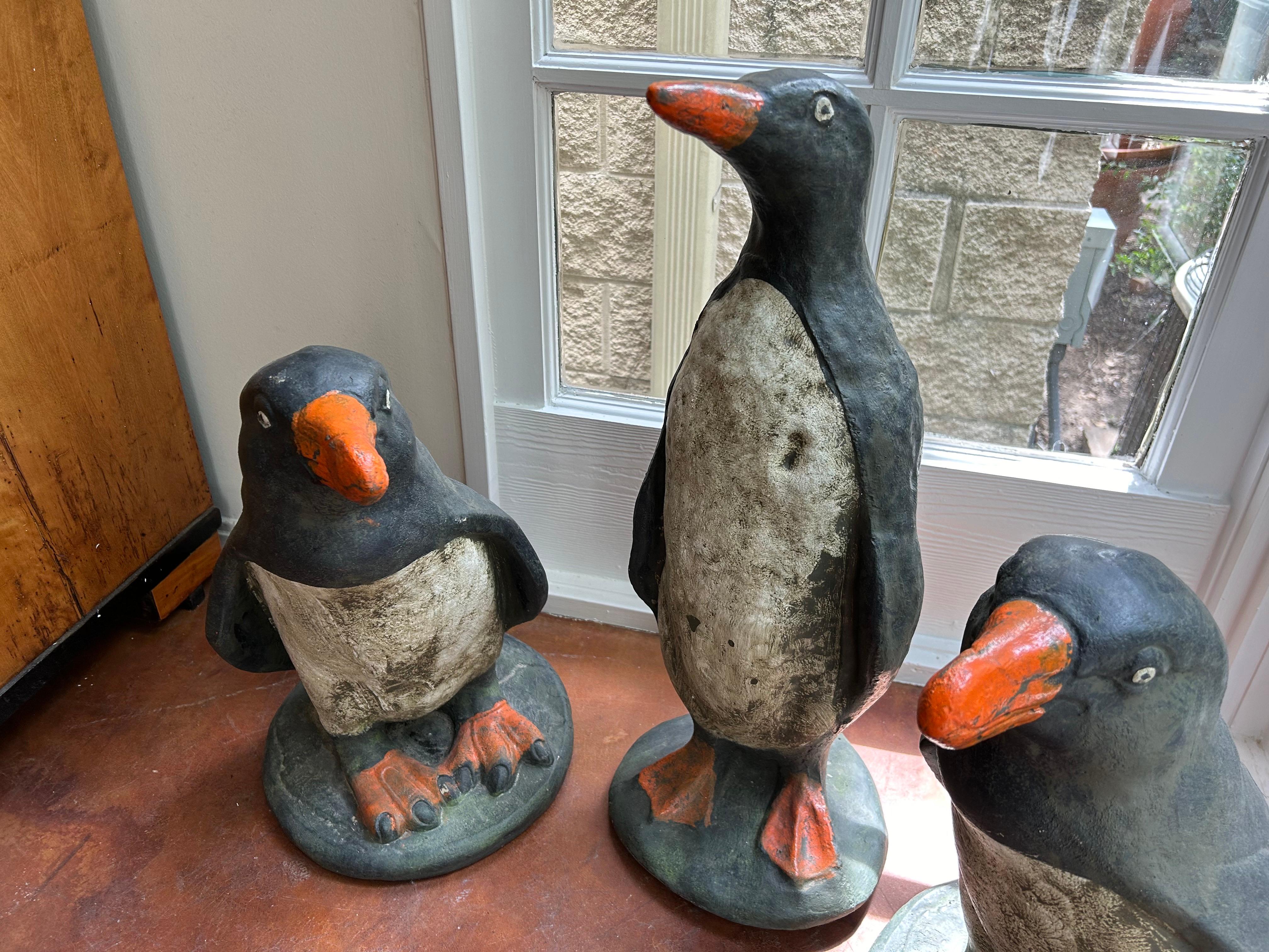 Mid-20th Century Set Of 3 French Cast Stone Penguin Garden Statues For Sale