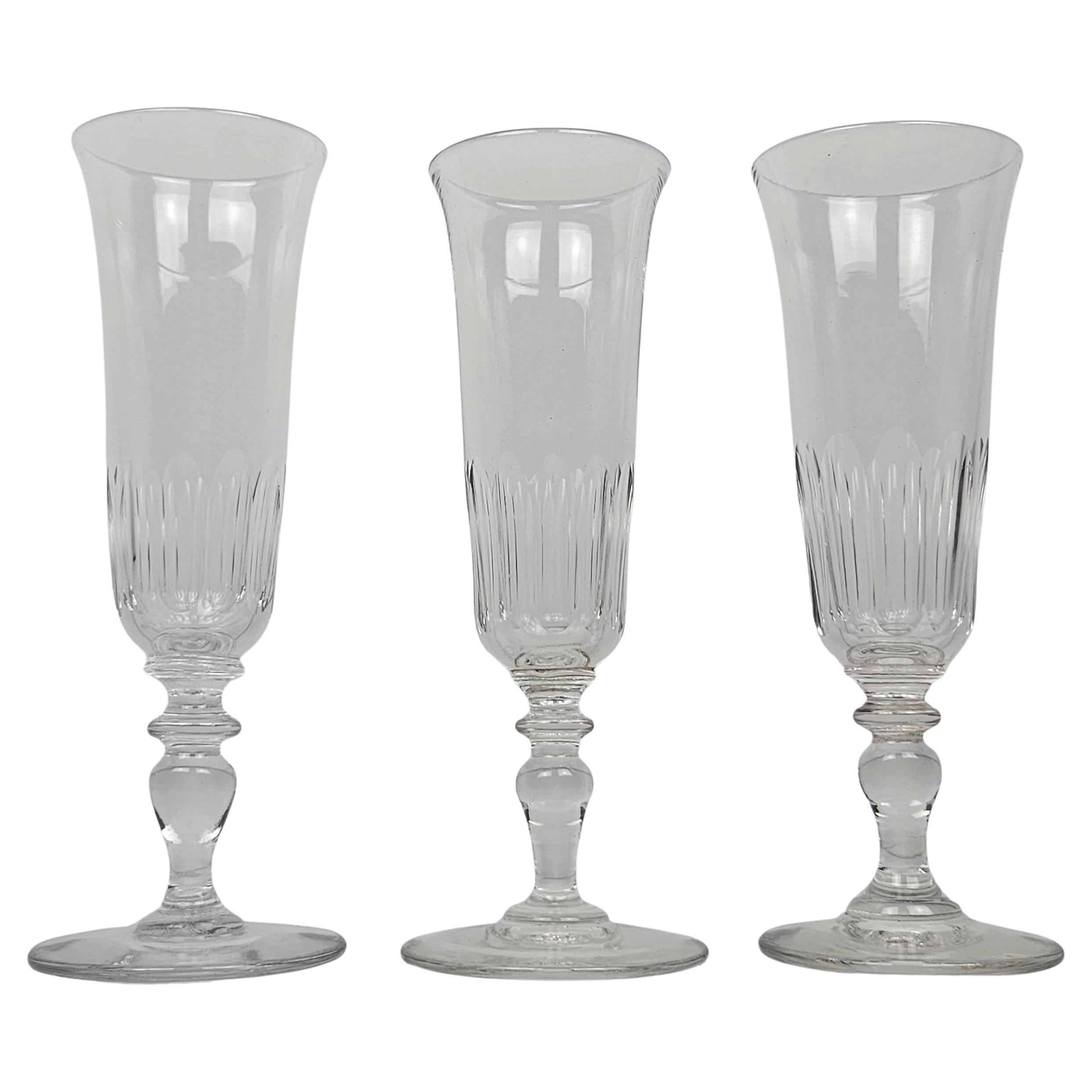 Set of 3 French Champagne Flutes in Crystal Glass, Ca. 1880