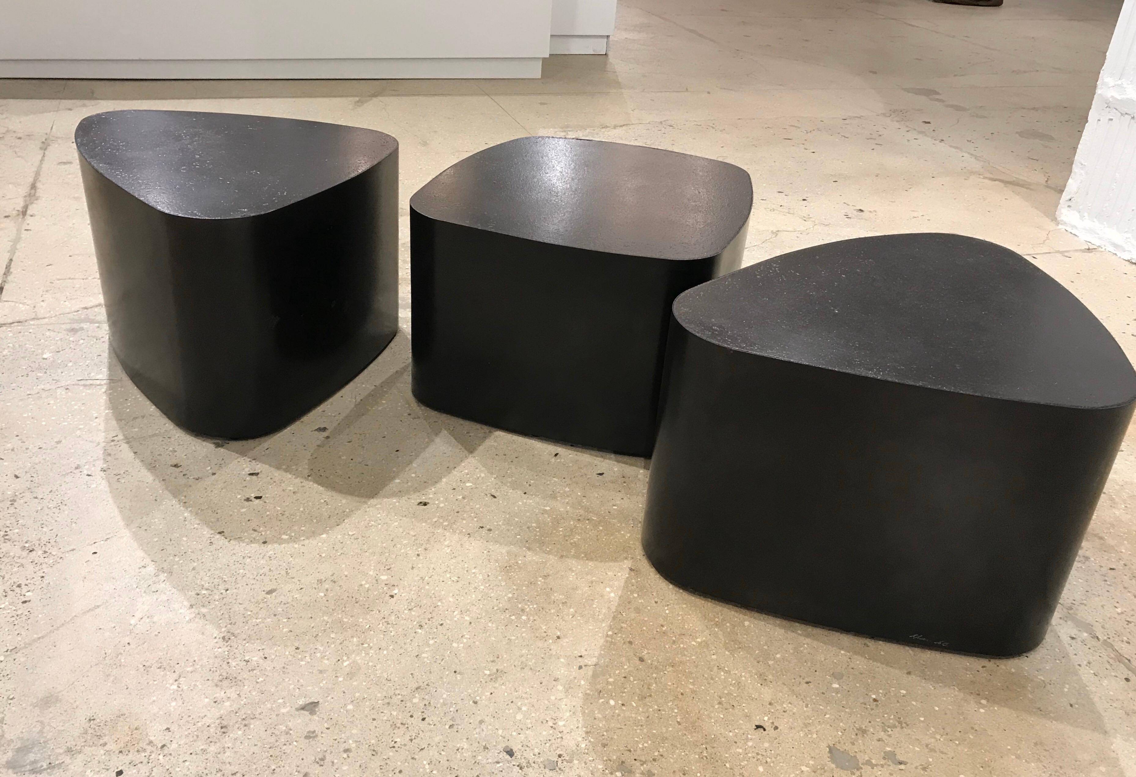 Set of 3 French Custom Black Galet Tables Stephane Ducatteu 2