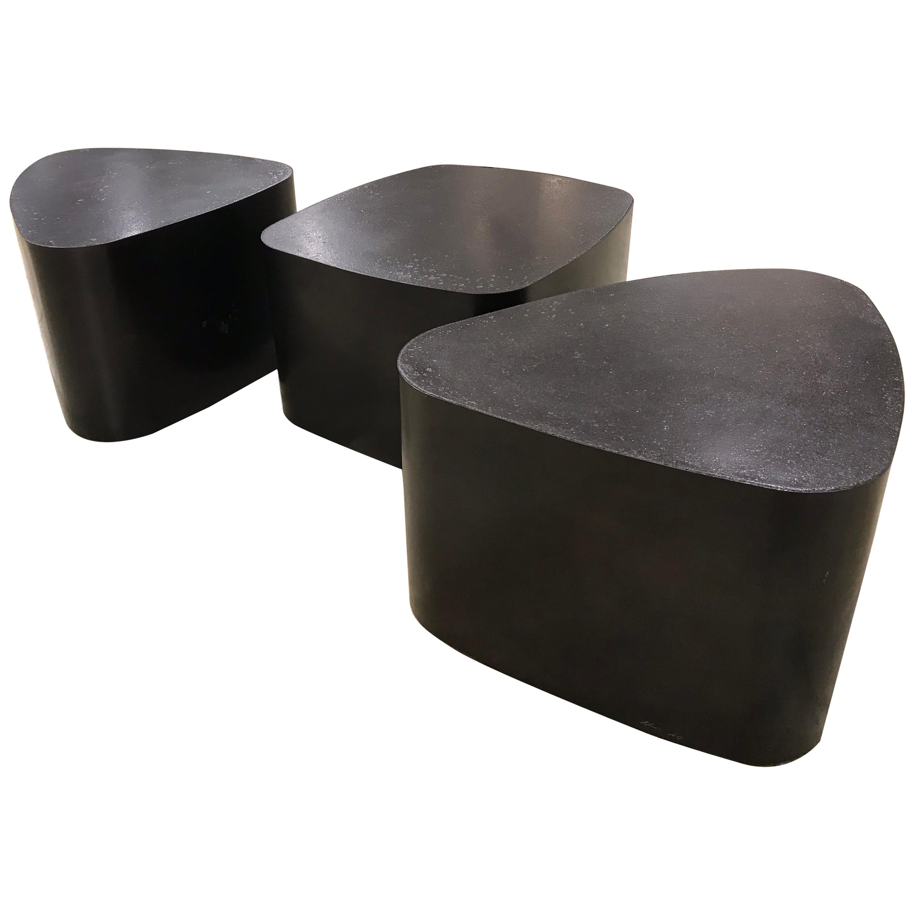 Set of 3 French Custom Black Galet Tables Stephane Ducatteu