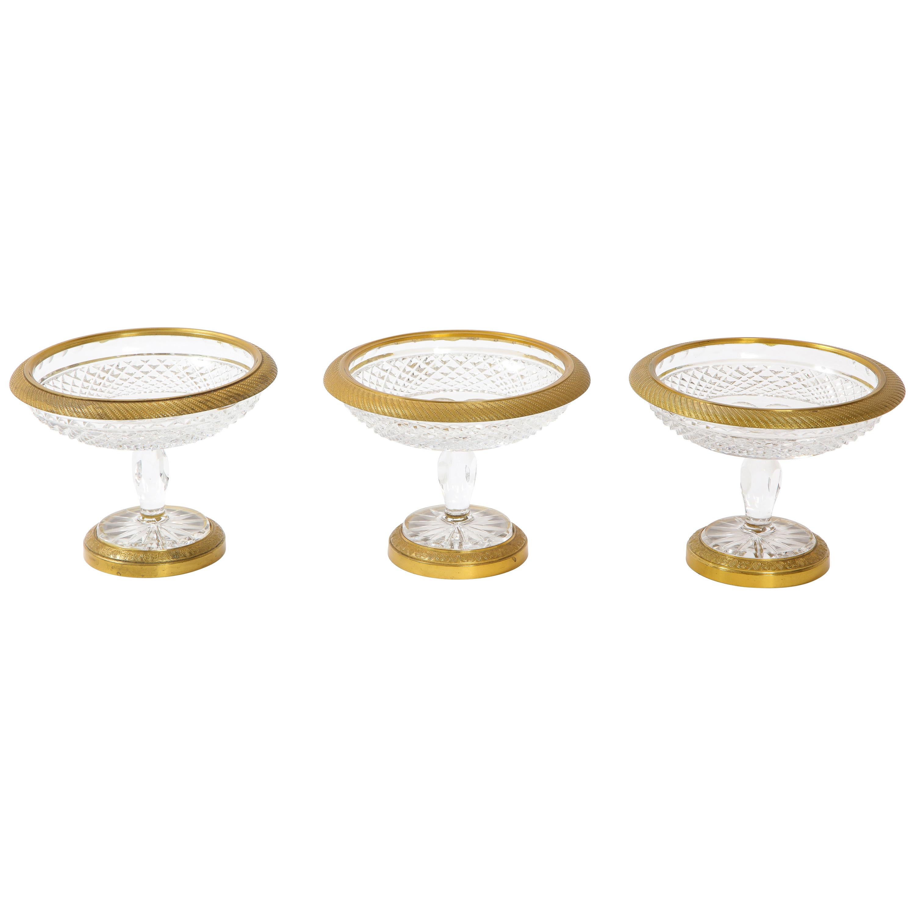 Set of 3 French Dore Bronze Mounted Baccarat Crystal Candy Bowls For Sale