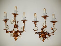 Set of 3 French Gold Tole Sconces with White Porcelain Flowers, 1920s