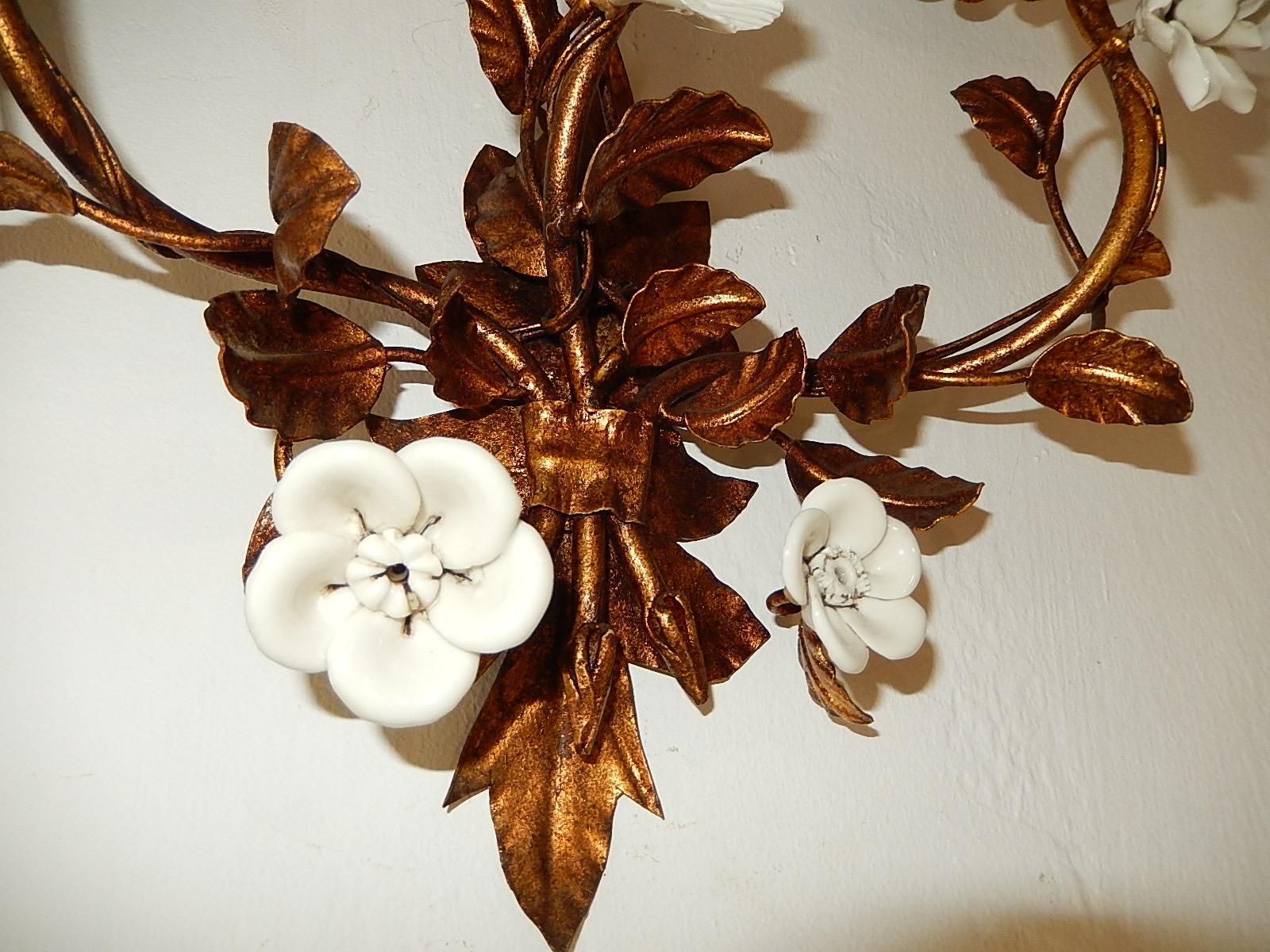 Metal Set of 3 French Gold Tole Sconces with White Porcelain Flowers, 1920s For Sale
