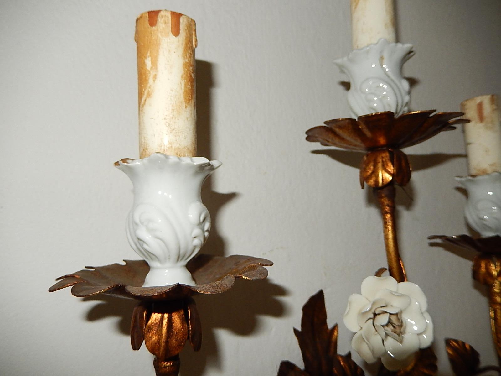 Set of 3 French Gold Tole Sconces with White Porcelain Flowers, 1920s For Sale 1