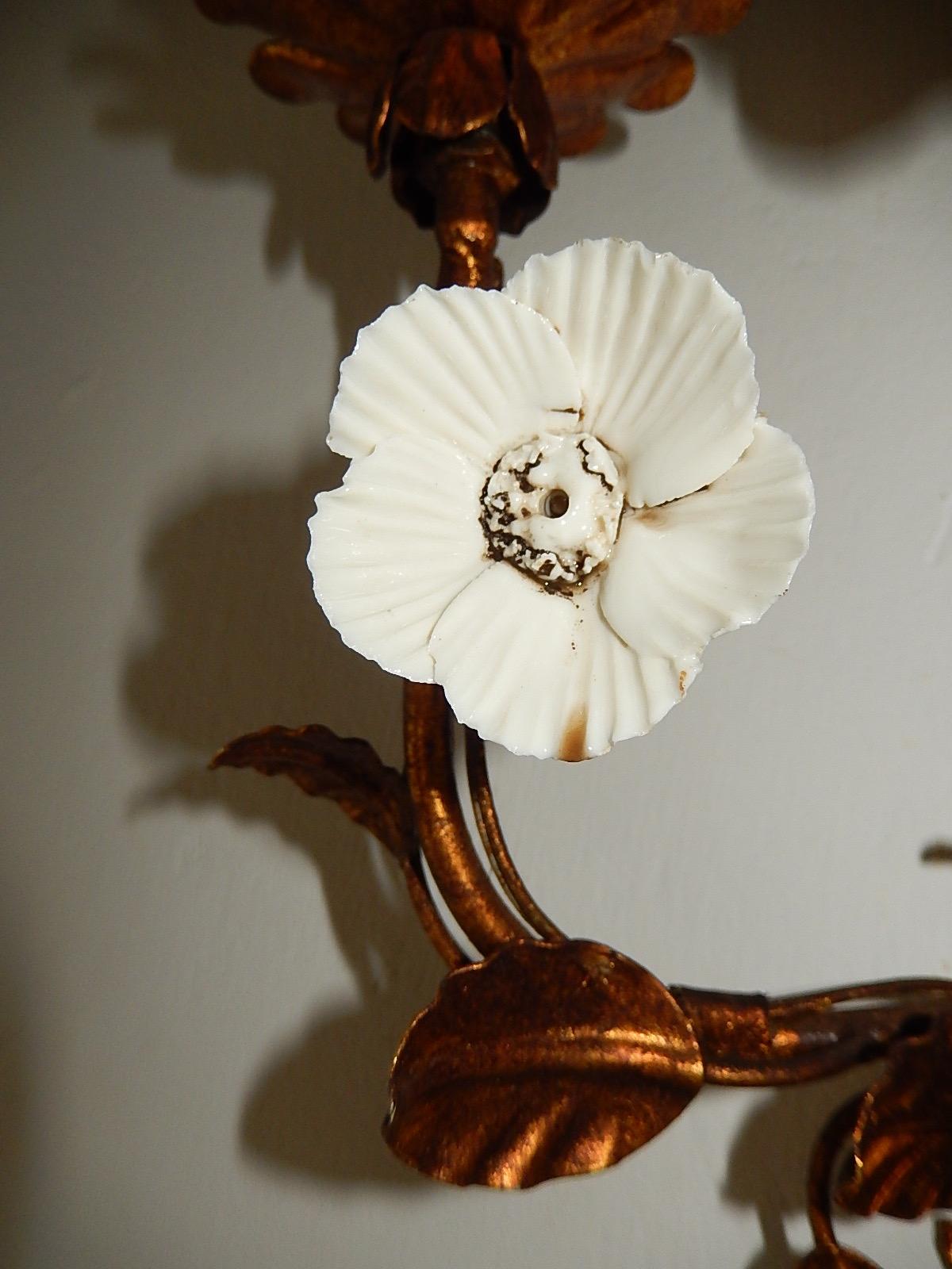 Set of 3 French Gold Tole Sconces with White Porcelain Flowers, 1920s For Sale 2